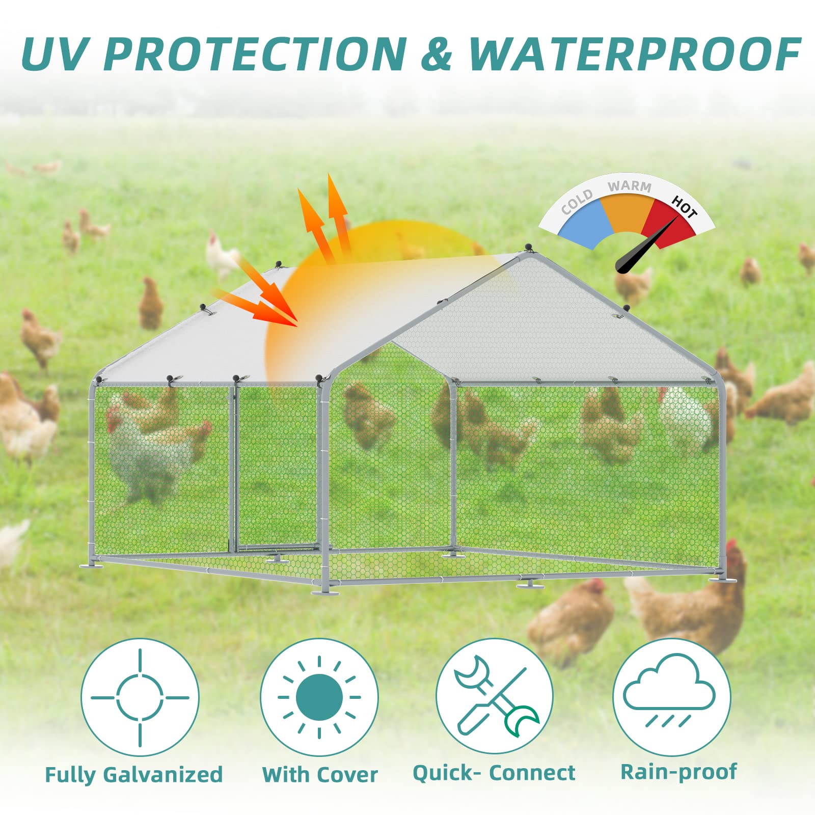 MEETWARM Large Metal Chicken Coop Run， Walk-in Poultry Cage Chicken Run Pen， Duck Rabbits House Spire Shaped Coop with Waterproof Anti-UV Cover for Outdoor Farm Use