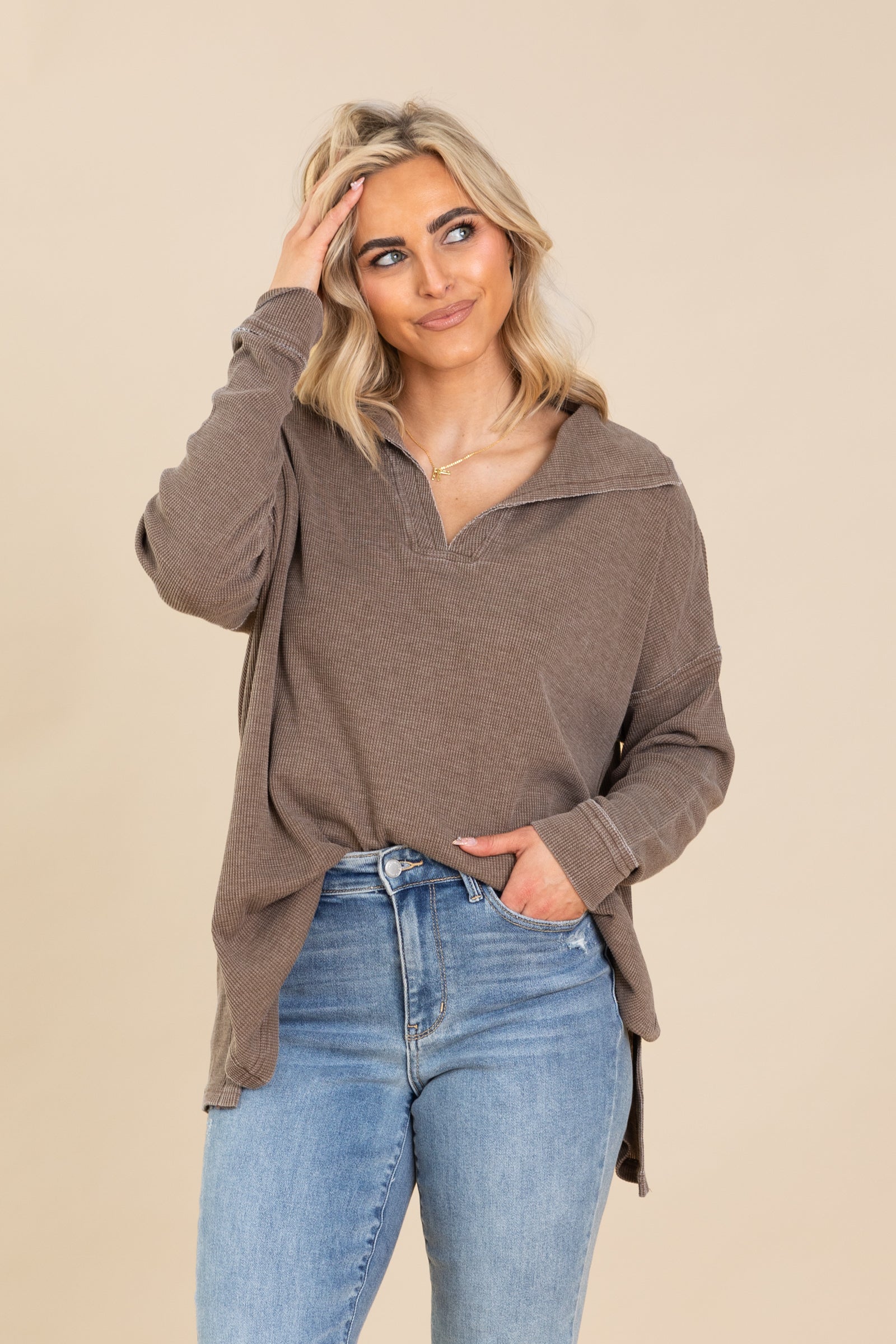 Waffle Knit Oversized Collared Long Sleeve Top