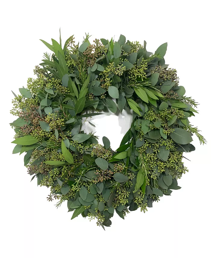 GreenishBlu Fresh Seeded Eucalyptus， Bay Leaf and Rosemary Wreath， 20