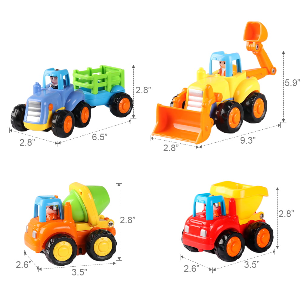 Coogam Friction Powered Cars Construction Vehicles Toy Set Cartoon Push and Go Car Tractor for 1 Year Old Boy(4 Pack)