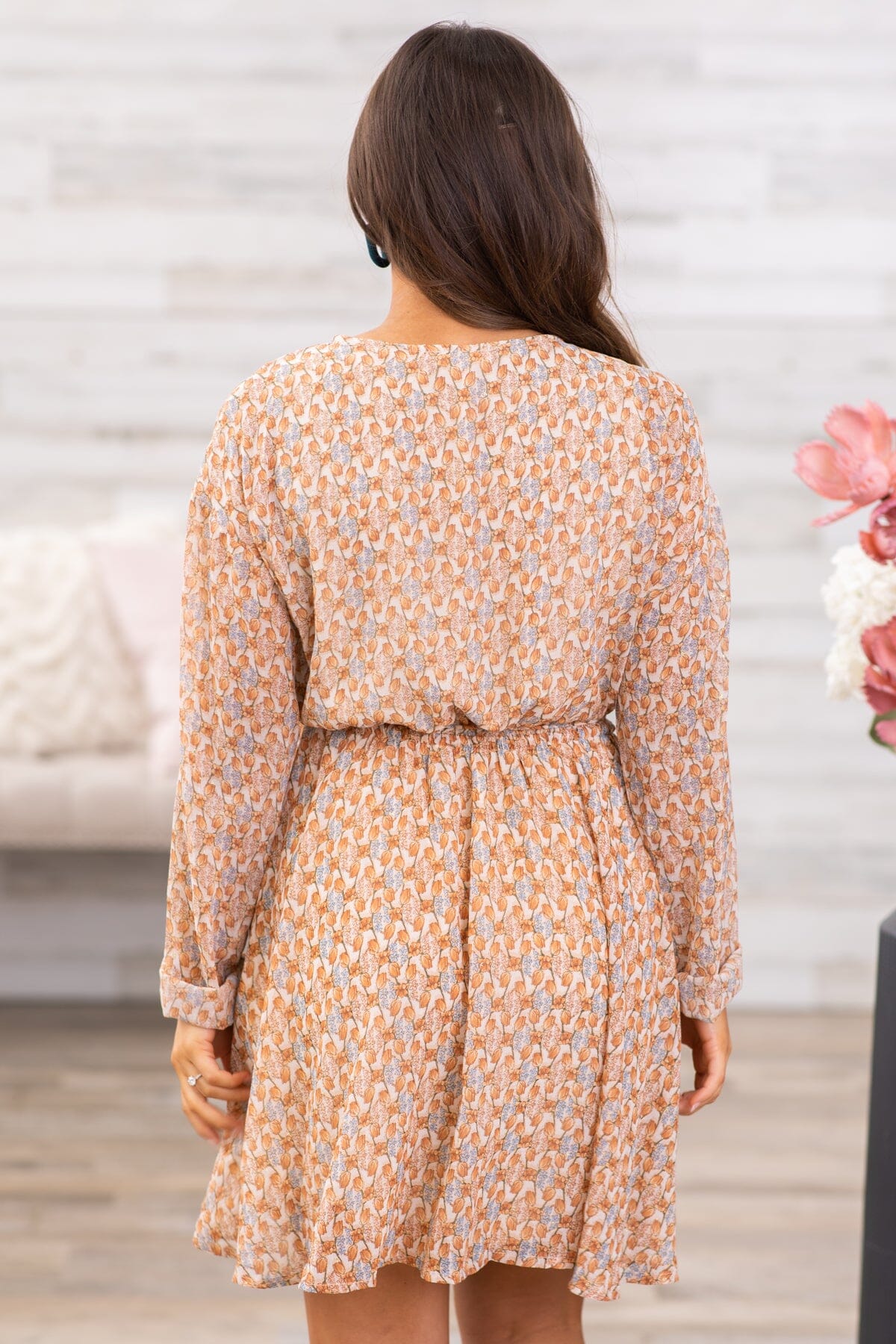 Tan Surplice Front Floral Long Sleeve Dress