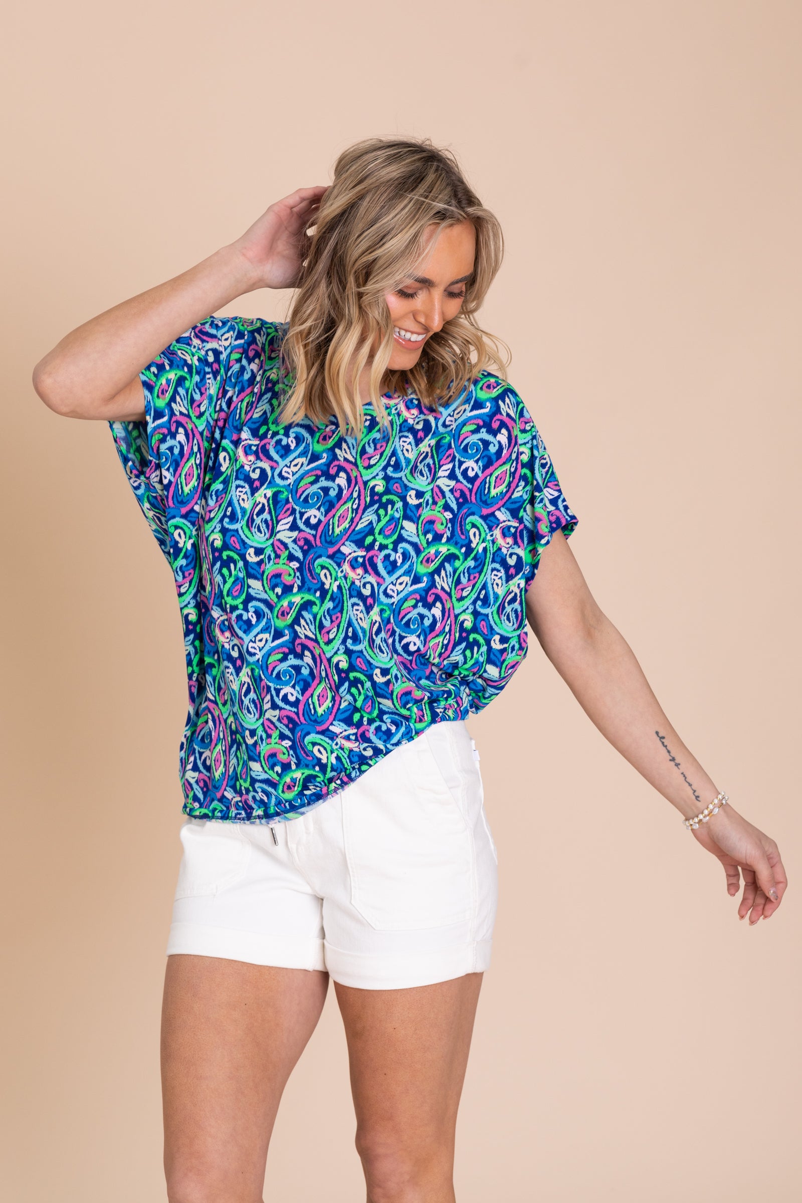 Blue Printed Dolman Sadie Wrinkle Free Top
