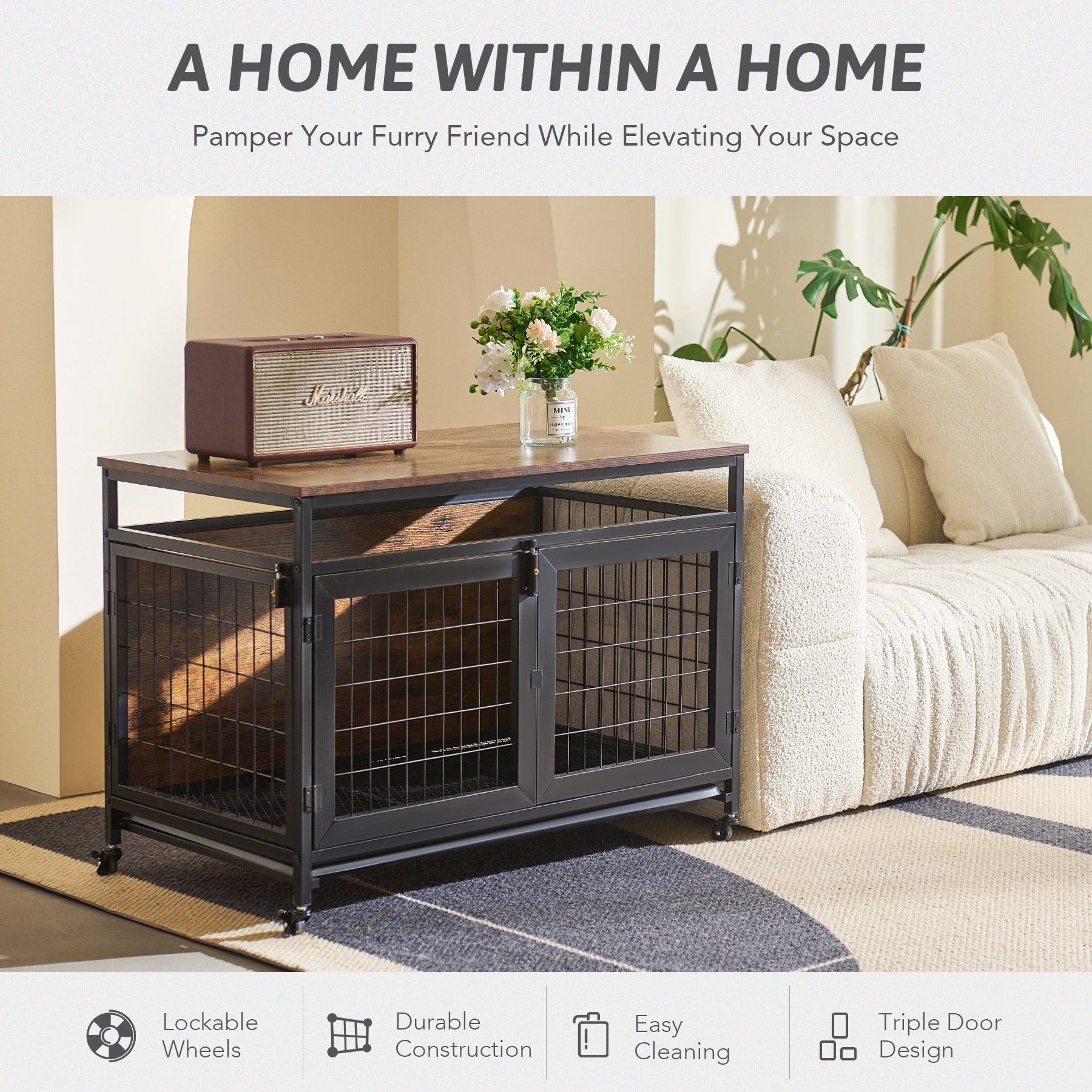 CO-Z Large Dog Crate Furniture Style Dog Cage with Tray Wheels Three Doors Open Space