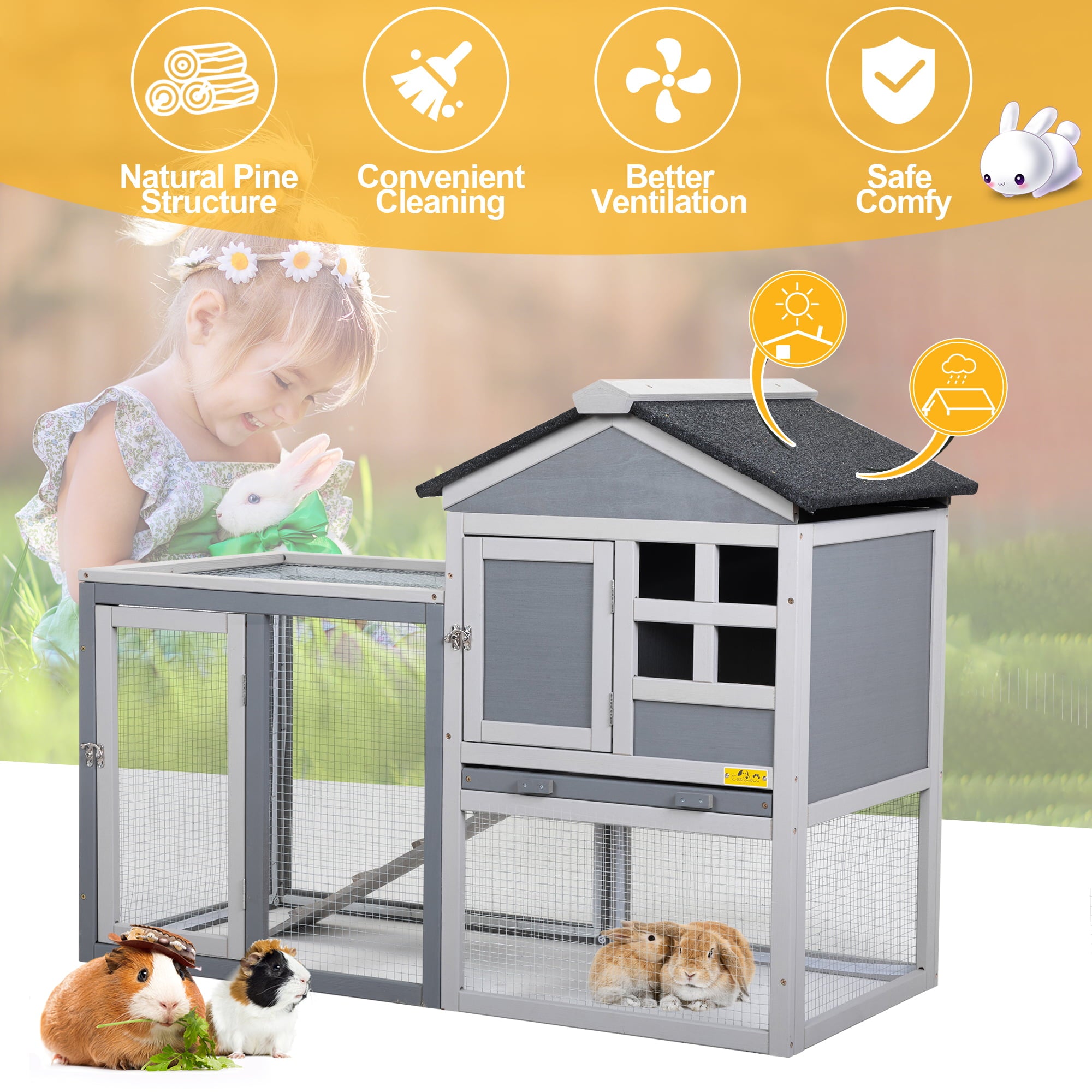 Coziwow Wooden Rabbit Hutch Small Animal Cage Guinea Pig Coop W/ Openable Roof， Gray