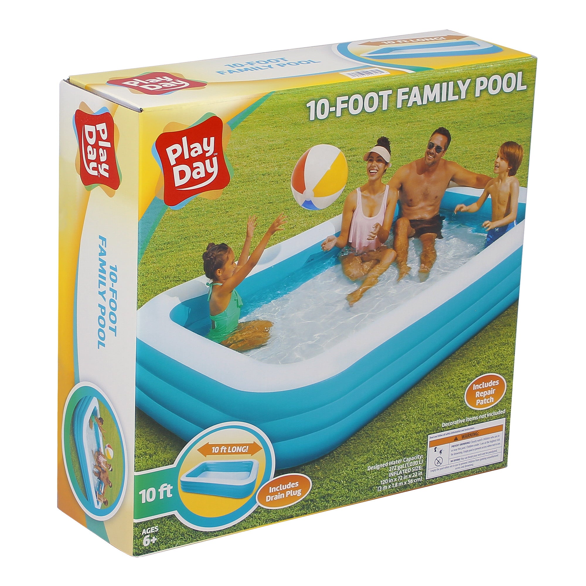 10-Foot Rectangular Inflatable Family Pool， Blue， Ages 6 and Up， Unisex