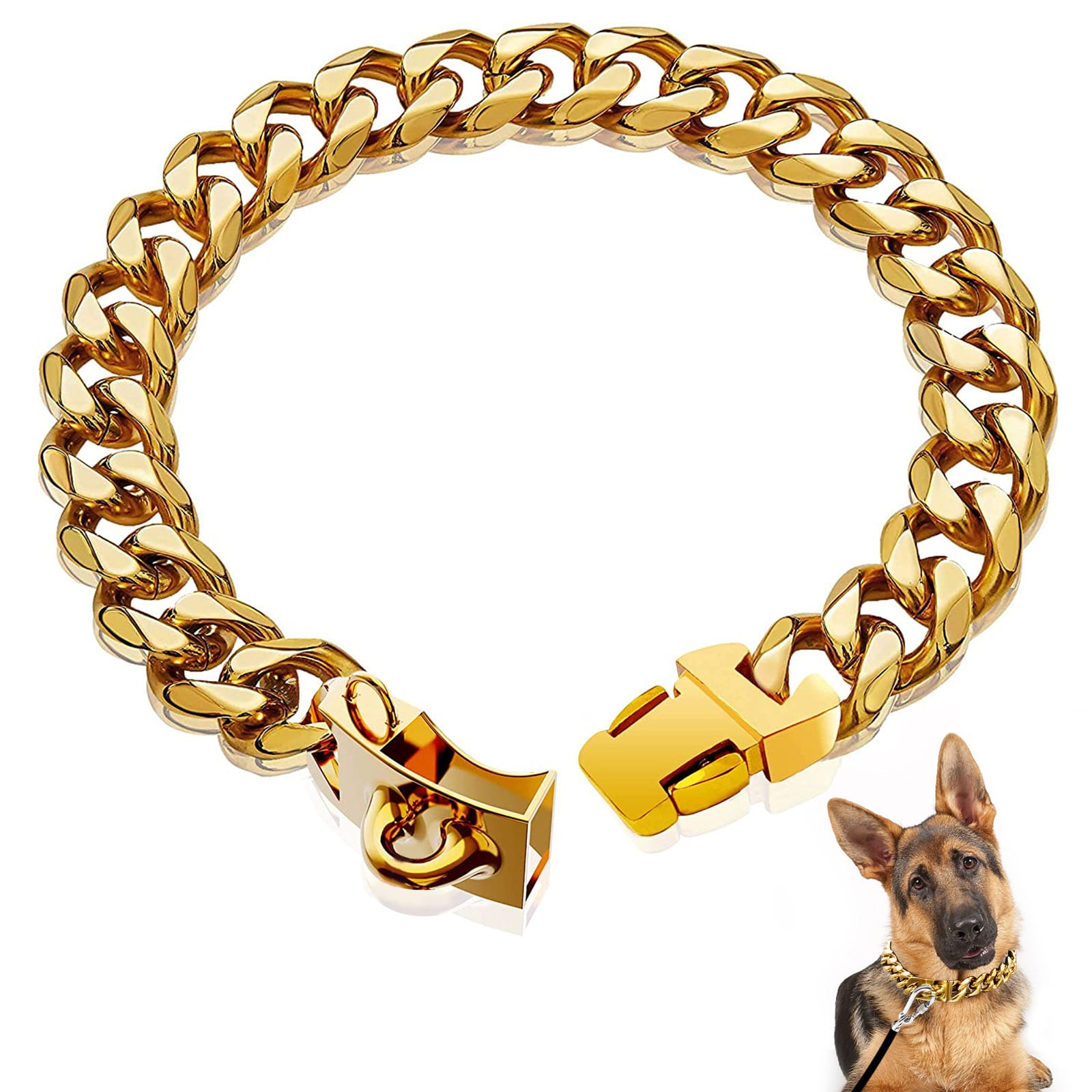 20'' Pet Chain Collar， TSV Stainless Steel Gold Pet Dog Leash Chain Collar with Design Secure Snap Buckle， Heavy Duty Chew Proof Dog Metal Chain Necklace Collar for Pets Xmas Gifts