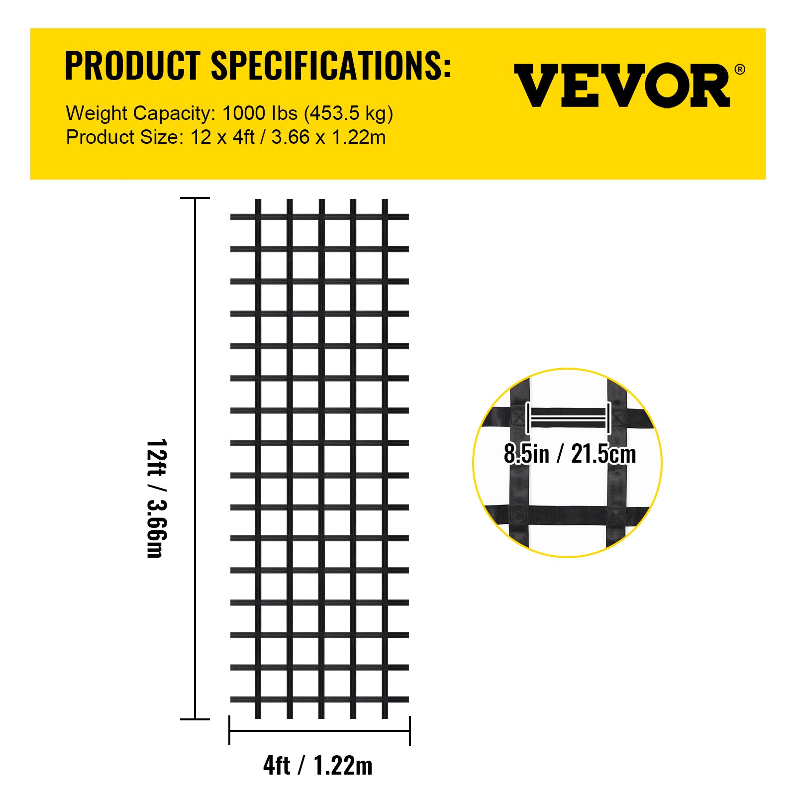 VEVOR Climbing Cargo Net， 12' x 4' Playground Climbing Net， Polyester Material， Rope Ladder， Swingset， Large Military Climbing Cargo Net for Kids and Adult， Indoor and Outdoor， Treehouse， Jungle Gyms