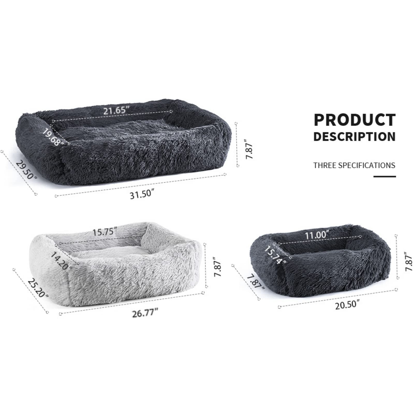 Rectangle Plush Dog Bed Cat Beds for Small Dogs，Washable Medium Pet Beds Medium（26x22x7in，Under 25 lbs）， Lightgrey