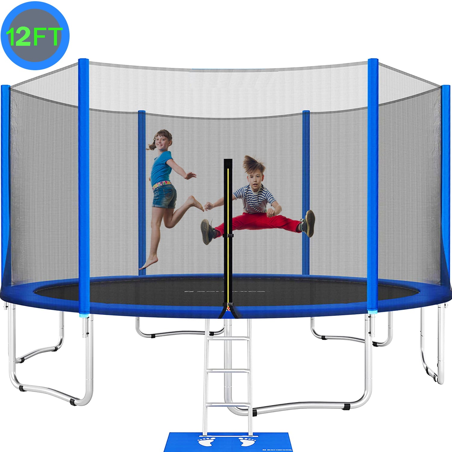 12FT Trampoline with Enclosure， Seizeen Large Trampoline for Kids Outdoor Play， All-Weather Trampoline W/ Thickened Enclosure Net and Foot Pad， Round Trampolines Bears 4-6 Kids， Blue