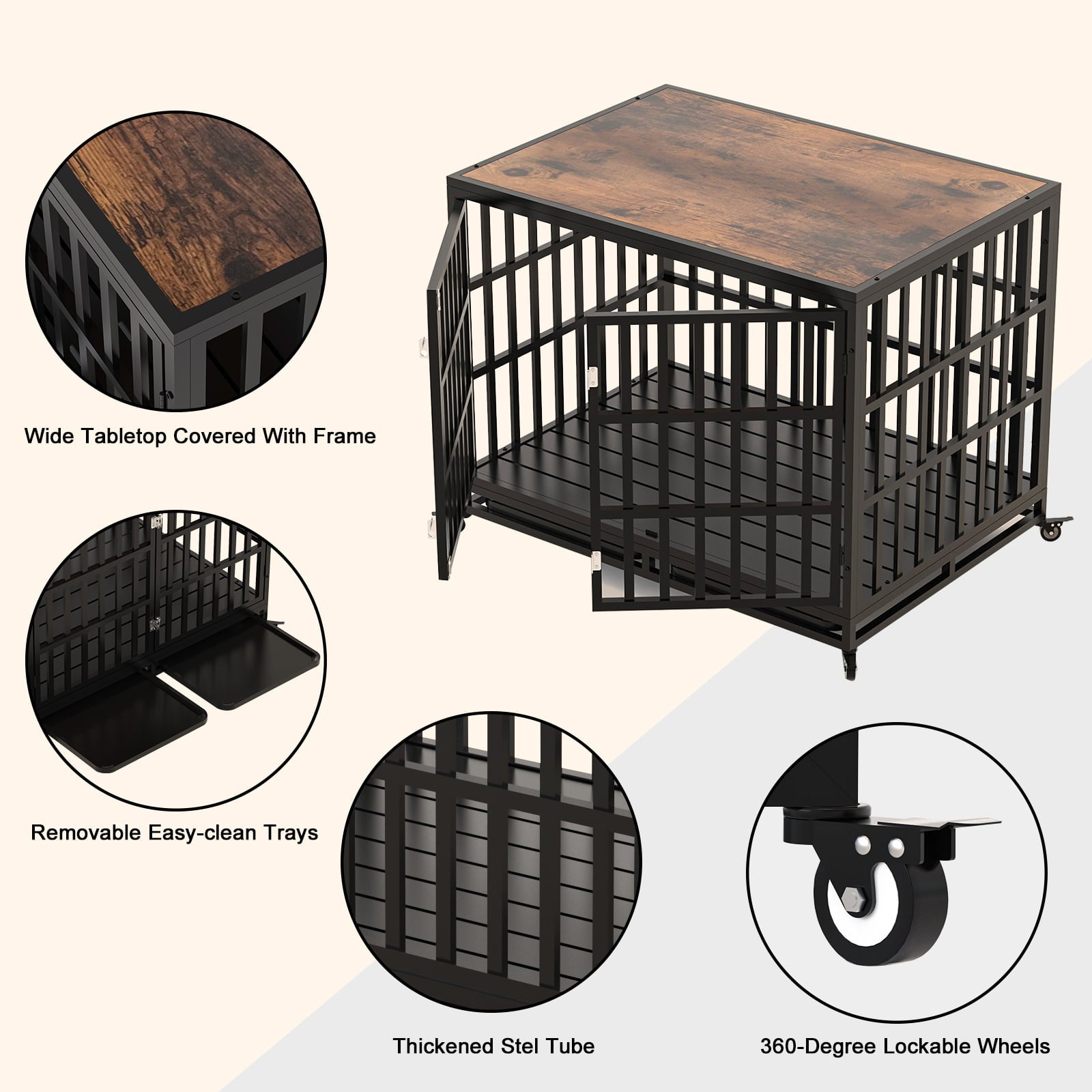 Heavy Duty Dog Crate， 42 Inch Dog Crate Furniture for Medium Large Dogs， Wooden Thickened Dog Cage Kennel Decorative Pet House Indoor with Removable Trays  and Lockable Wheels
