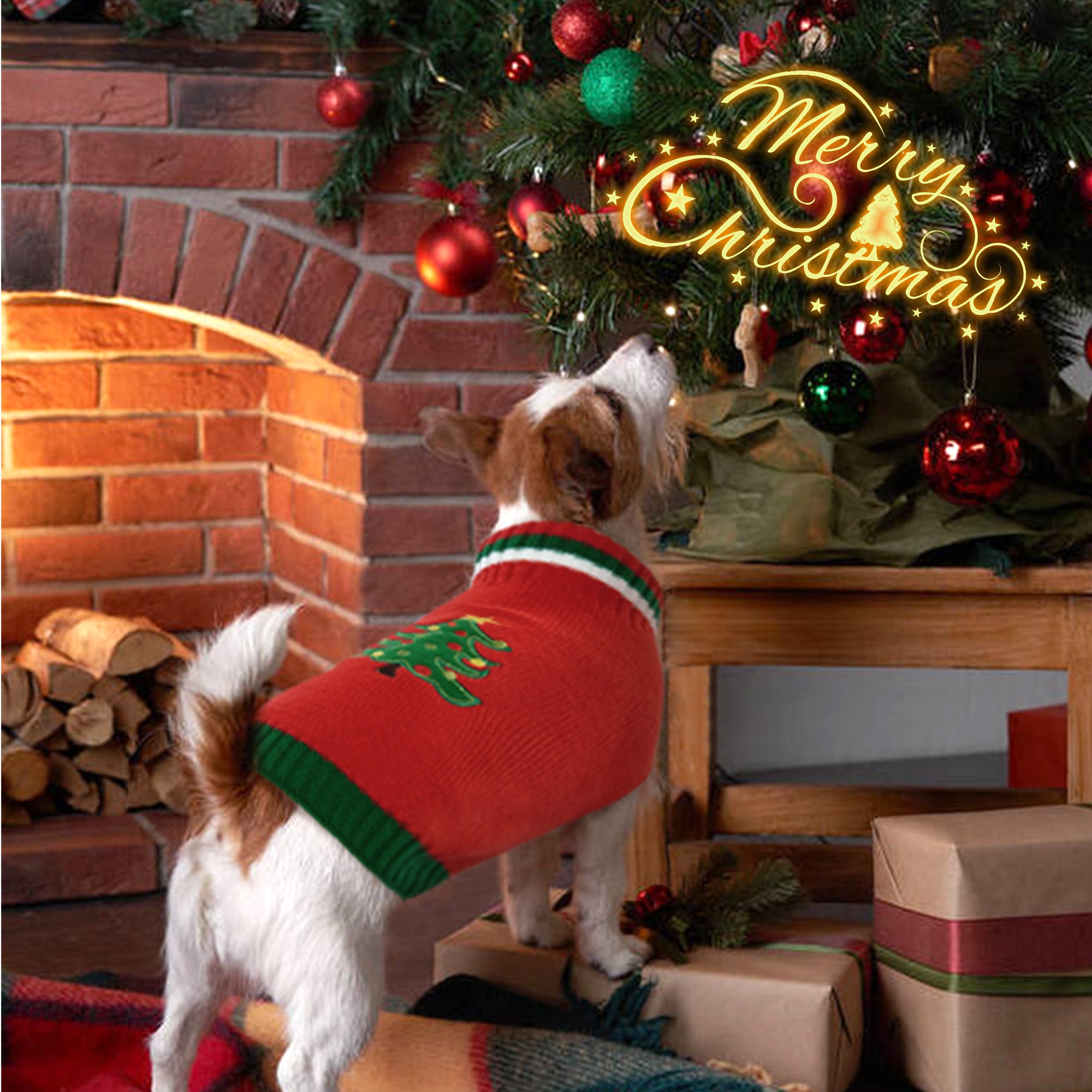 QBLEEV Dog Sweater Christmas Cartoon Christmas Tree Red Pet Cat Winter Knitwear Warm Clothes