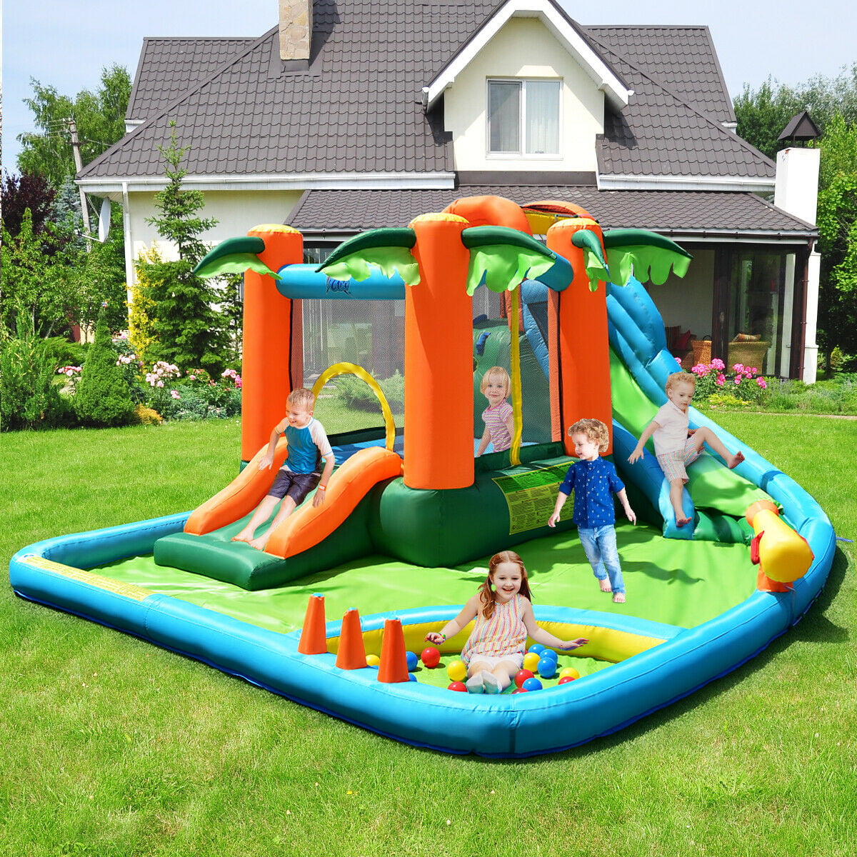 Gymax Inflatable Bounce House Jump Bouncer Kids Water Park Splash Play Center w/Blower