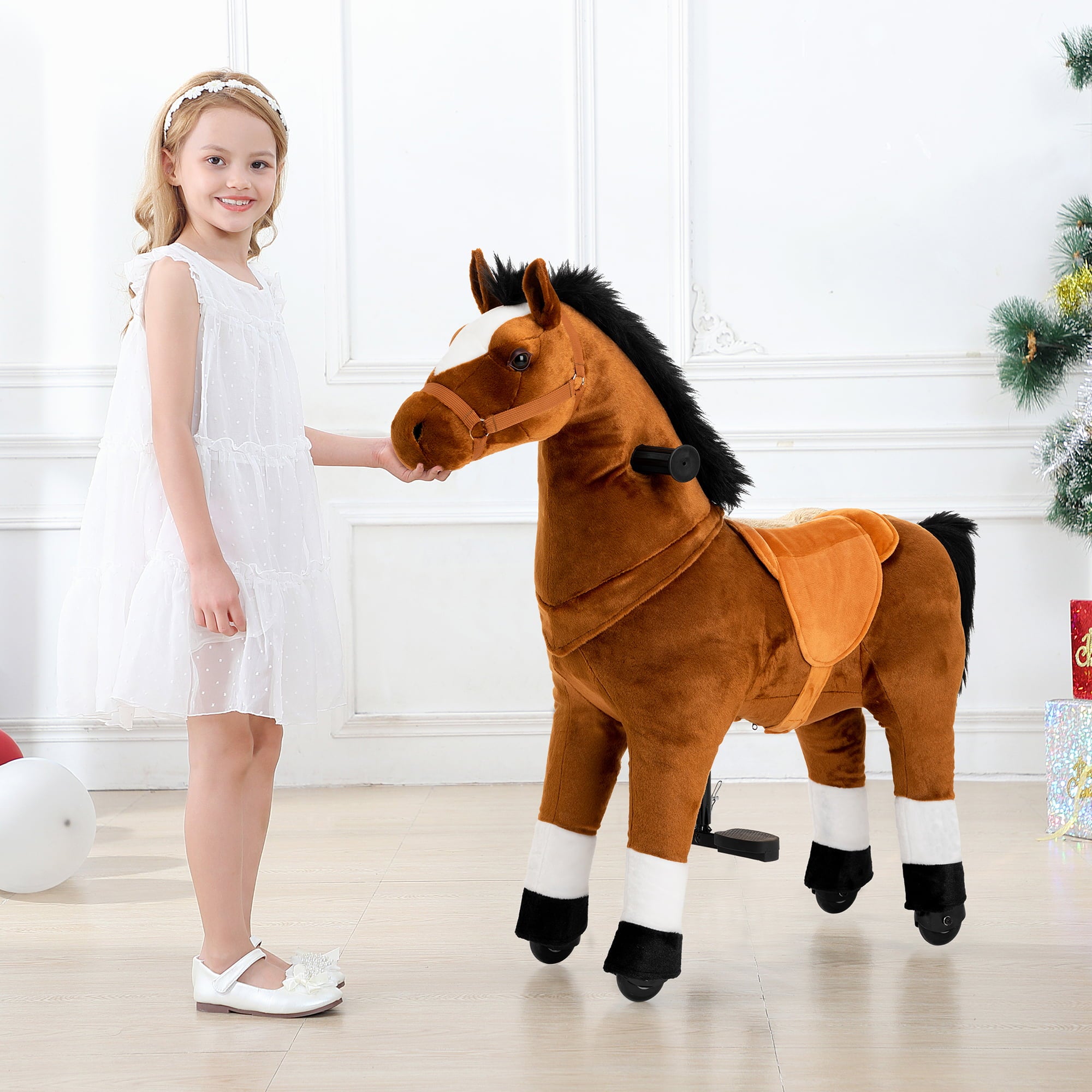 Ponyeehaw Ride on Horse Toys， Ride on Toys for 3-5 Years Old Girls and Boys， Premium Plush Walking Horse with Wheels (Brown)