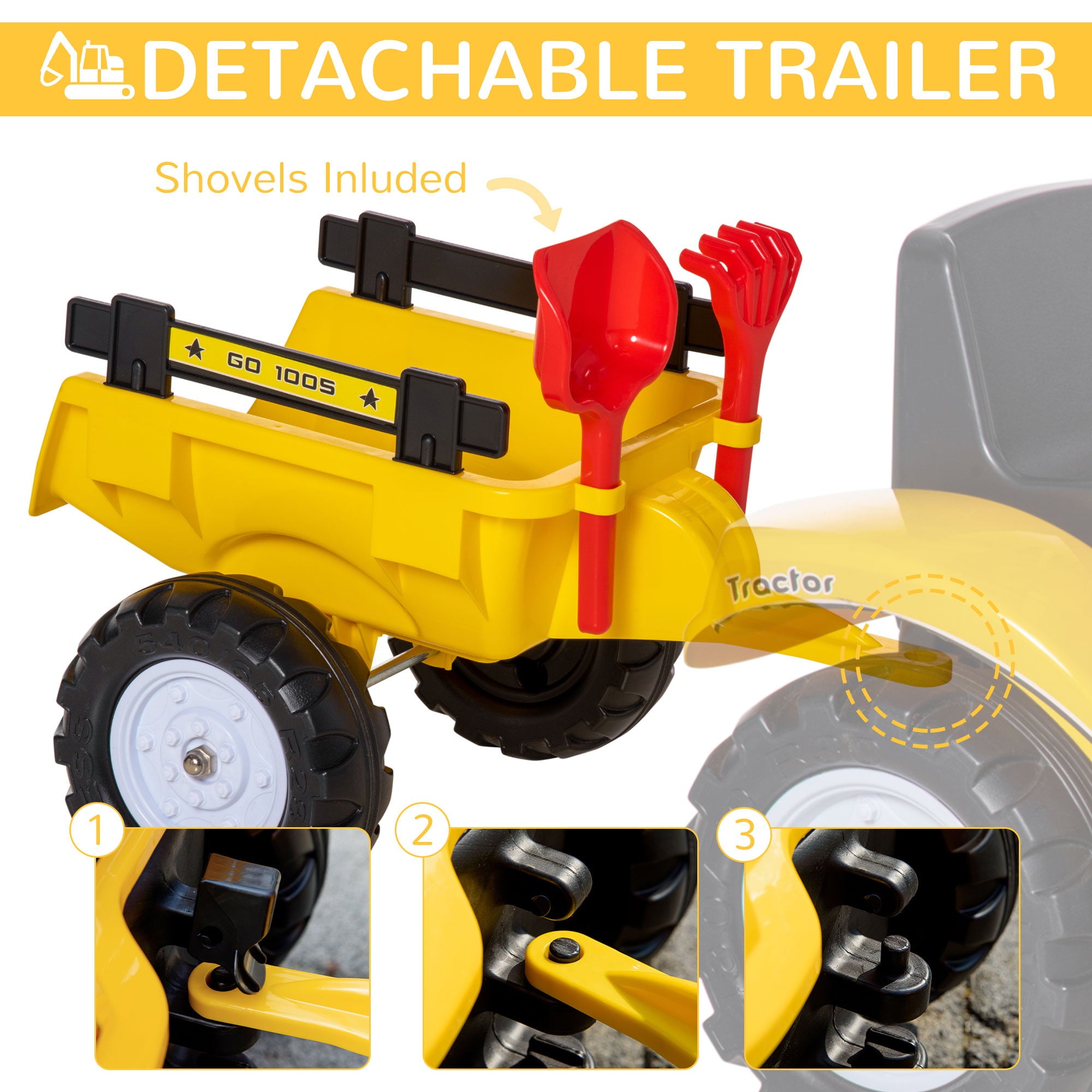 Aosom Digger Ride-on Truck Kids Car with Horn， Excavator Ride-on Toy， Imaginative Toy Construction Car， 6 Wheels and Detachable Trailer， Yellow