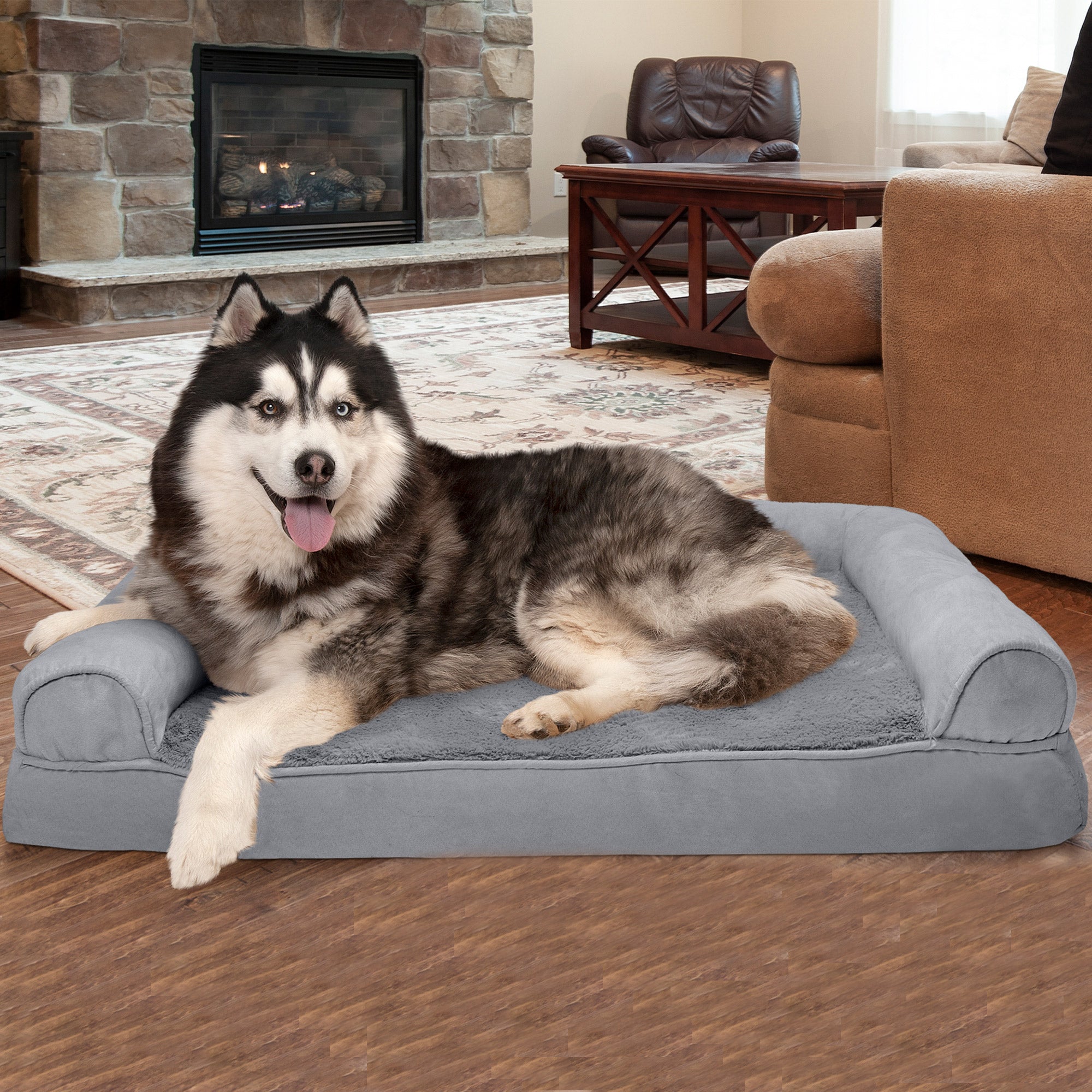 FurHaven Pet Products | Memory Foam Plush and Suede Sofa Pet Bed for Dogs and Cats， Gray， Jumbo
