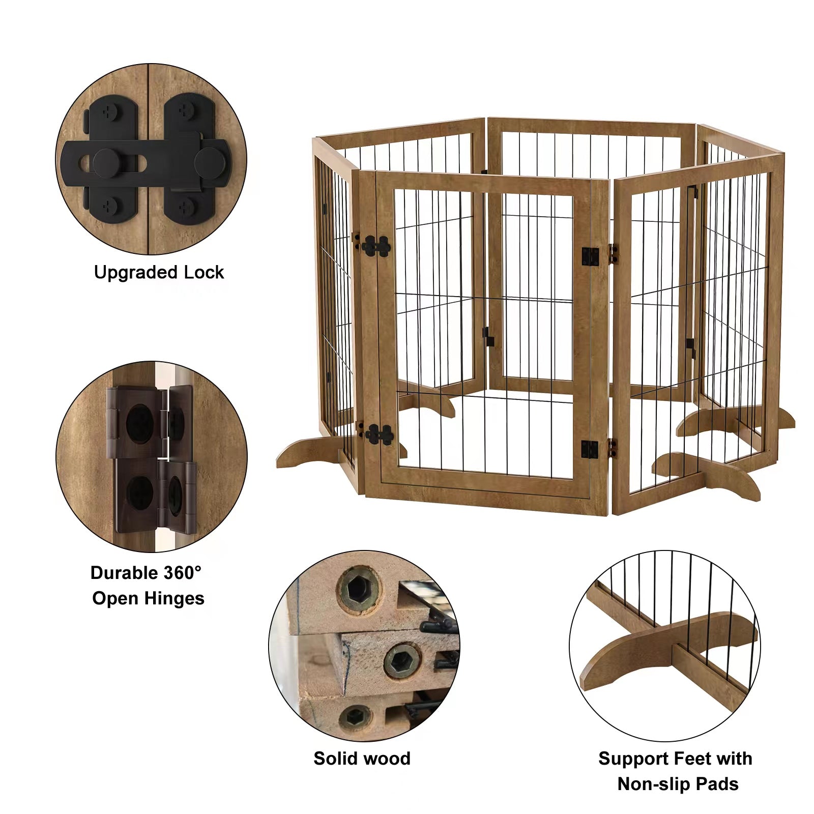 Dog Gate Pet Fence Extra Wide with Walk Through Door， Wood Preassembled Freestanding Baby Safety Gate Dog Barrier Indoor Lockable for Home， Doorway， Stairs， 31.5''H with 4 Support Feet