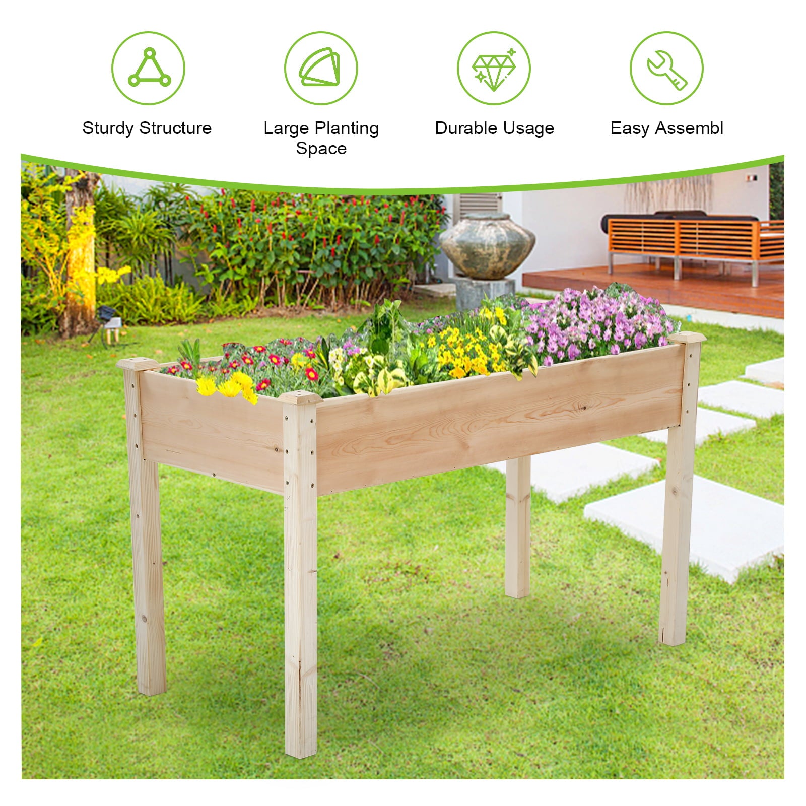 Dkeli Raised Garden Bed 49x24x30 Inch Wood Garden Bed with Legs, Outdoor Rectangle Elevated Wood Planter Box Kit for Patio Garden, Natural