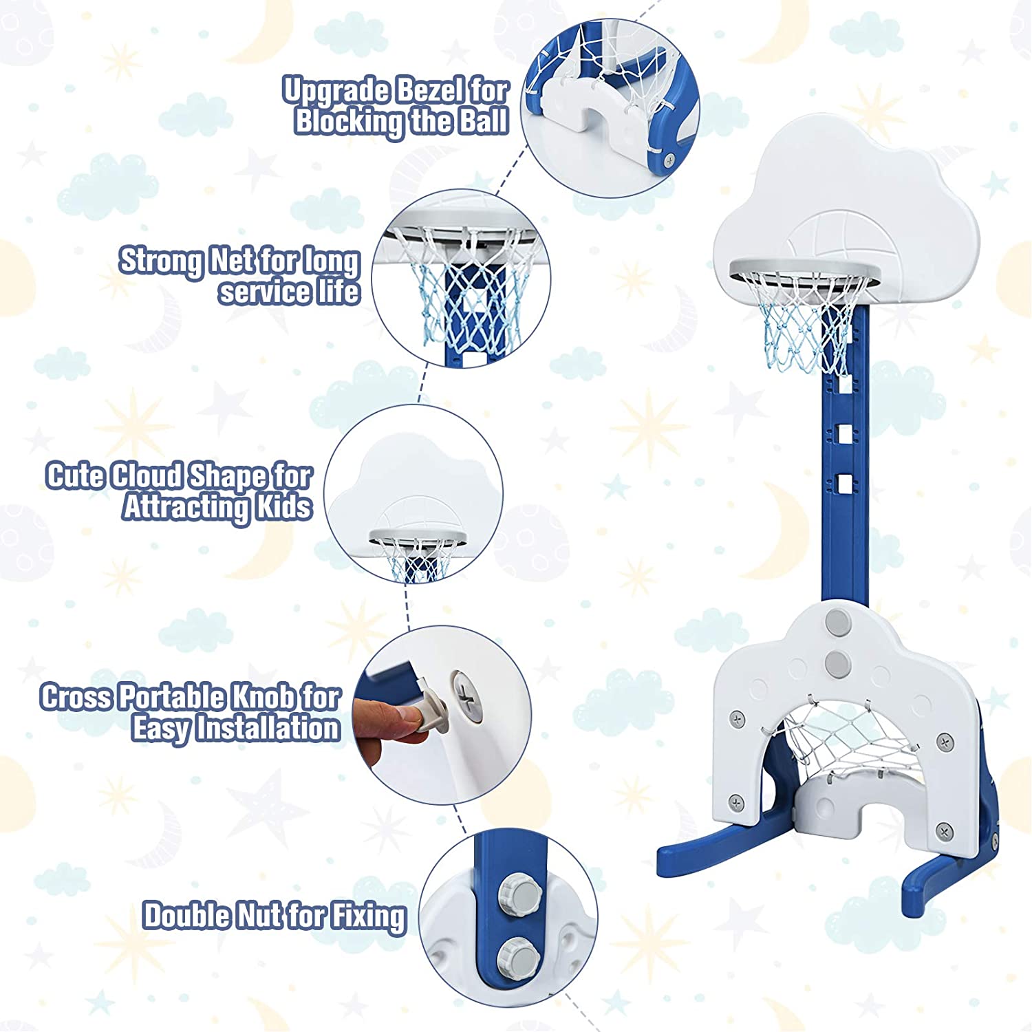 Kids Basketball Hoop， Toddler Sports Activity Center w/ 5 Adjustable Height Levels， Basketball Soccer Golf Game Set， Indoor Outdoor Basketball Hoop Set Best Gift for Baby Infant