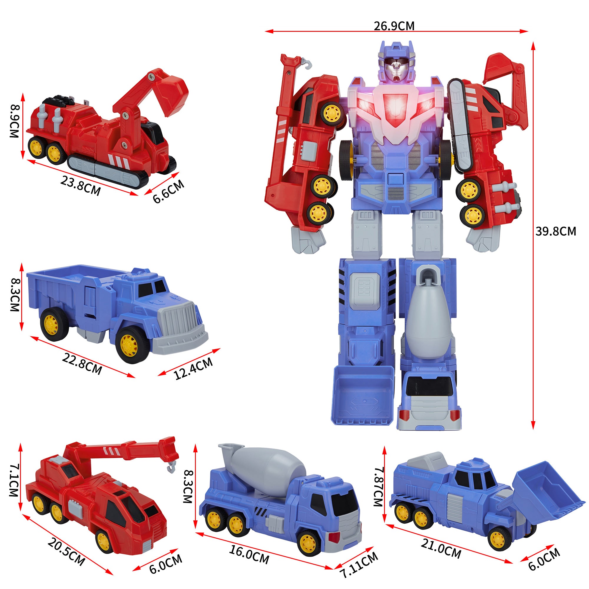 LELINTA Truck Transforming Robot Toy Cars Gift for Kids， 5-in-1 Construction Vehicles Transformer into Robot Action Figures， Assemble into Giant Pull-Back Truck with Sound and light