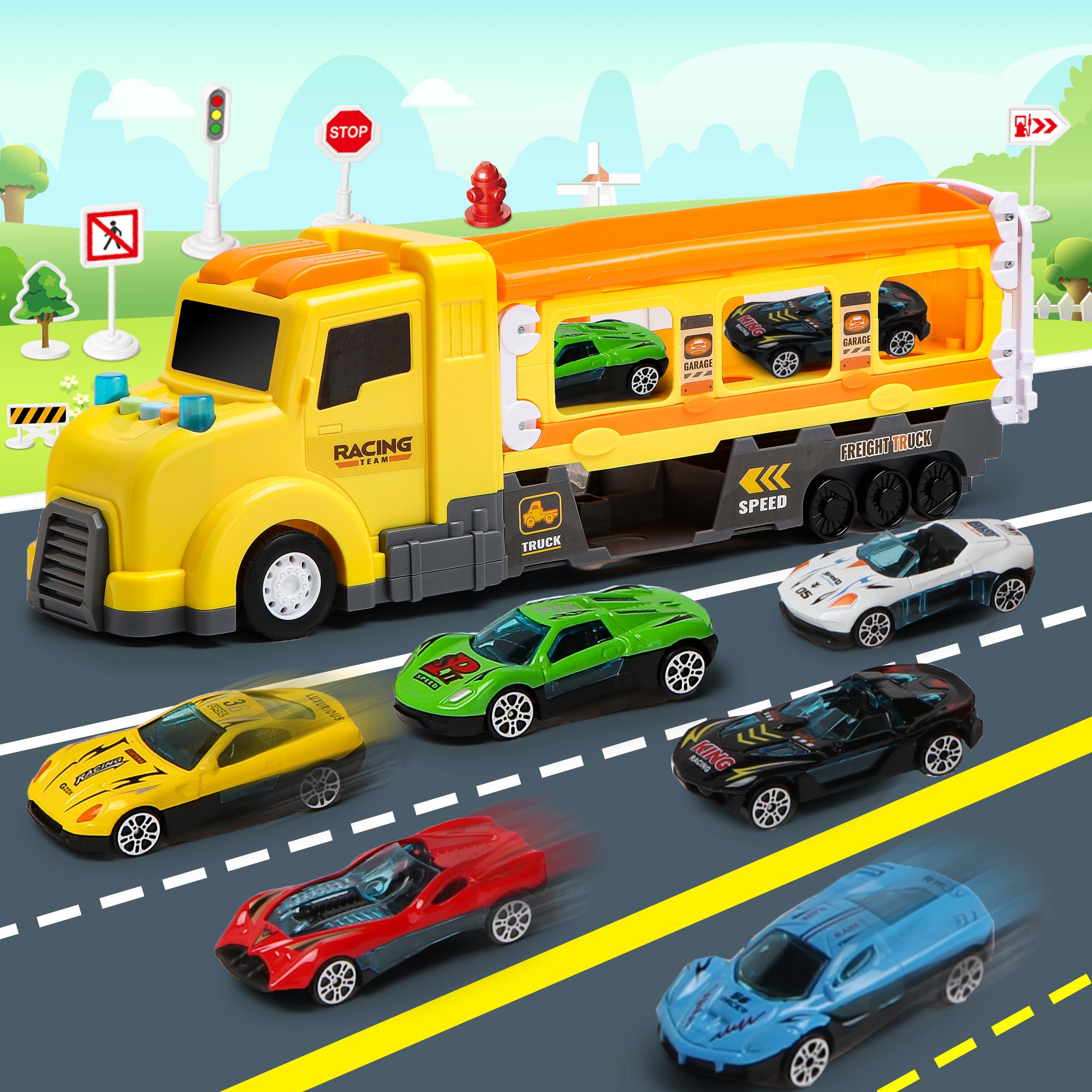 Beefunni Car Carrier Truck for Kids Age 3-8 Sound and Light Transport 7 in 1 Vehicle Playset Racing Game w/ Launch Track