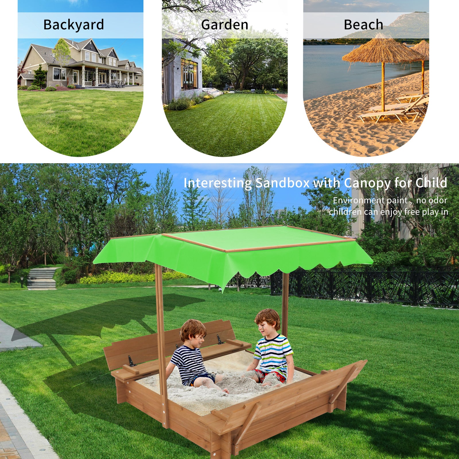 iRerts Kids Sandbox with Cover， Wooden Sandbox Children Outdoor Sand Play Station， Outdoor Sandbox with Foldable Bench Seats， and Adjustable Canopy， Sand Pit for Beach Patio Backyard Garden， Green