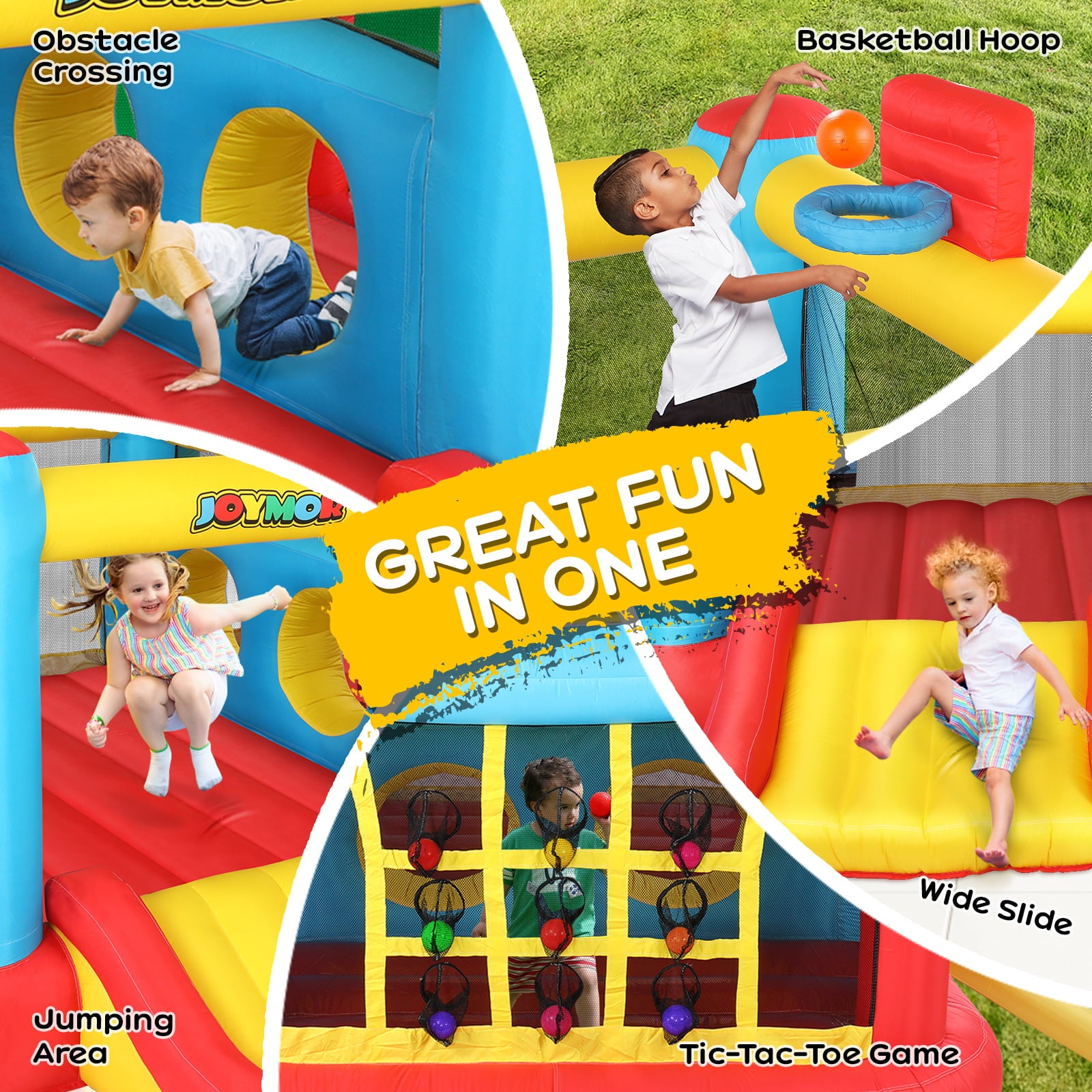 JOYMOR Inflatable Obstacle Course Bounce House for Kids Jumping Castle Slide Bouncer with Air Blower， Sun Cover， Indoor and Outdoor Party Gift