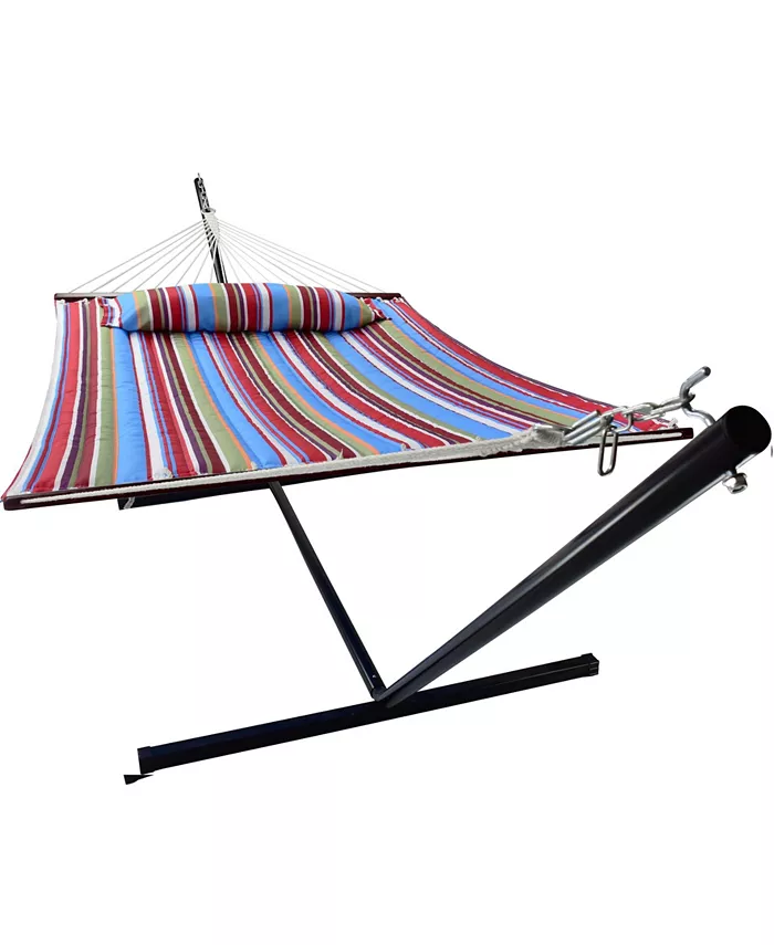 Sorbus Quilted Fabric Double Hammock with Stand Set， 4 Pieces