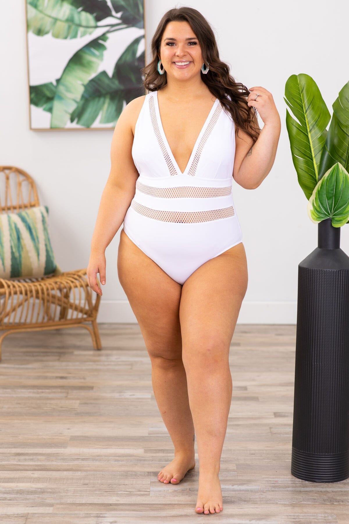 White V-Neck One Piece Swimsuit