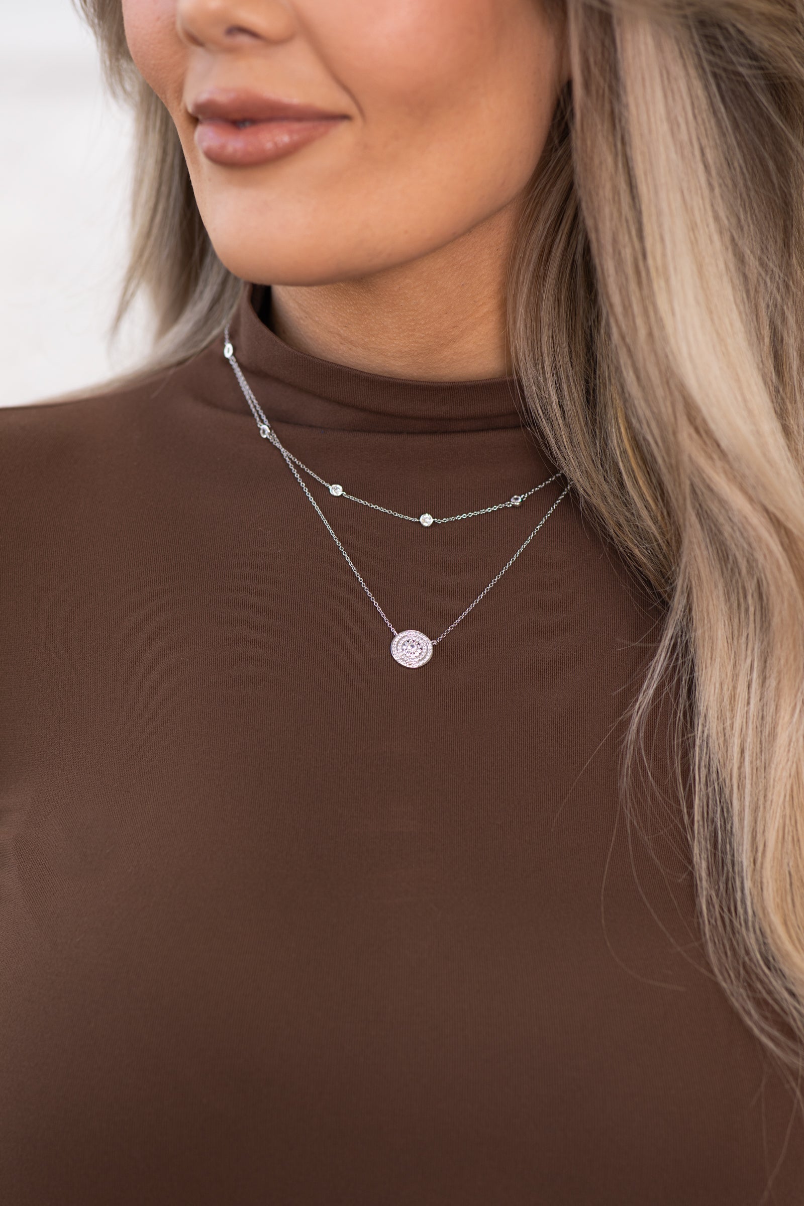 Silver Double Layer Necklace With Rhinestones