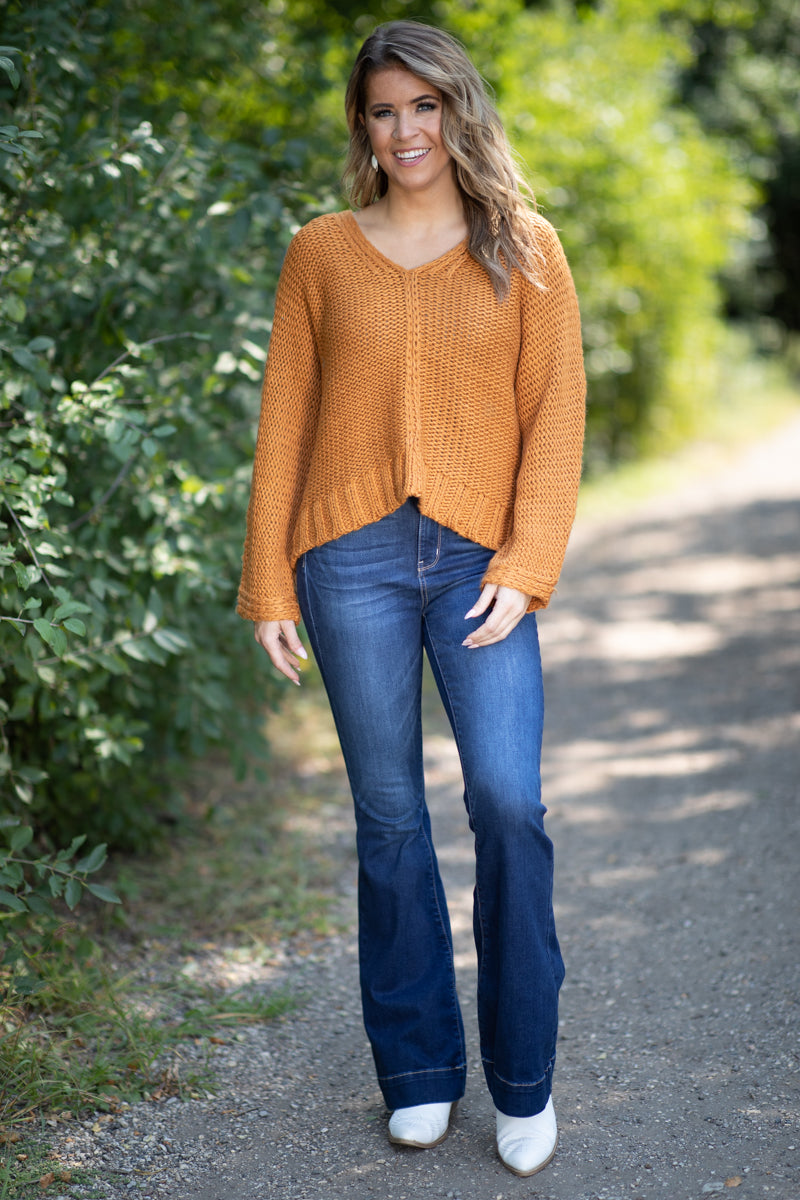 Mustard Front Seam V-Neck Sweater
