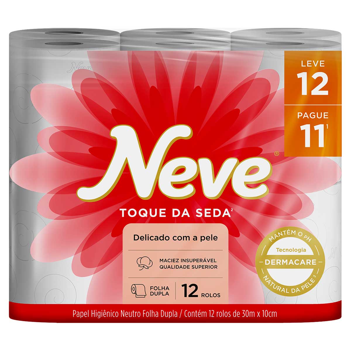 Papel Higienico Folha Dupla Neutro Neve Toque da Seda 30 Metros Leve 12 Pague 11 Unidades
