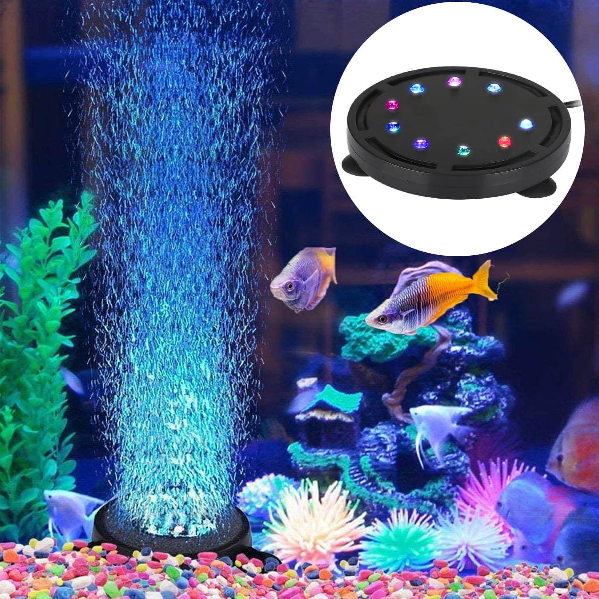 Aquarium Bubbler LED Light Air Stone Lamp Colorful Underwater Round Fish Tank