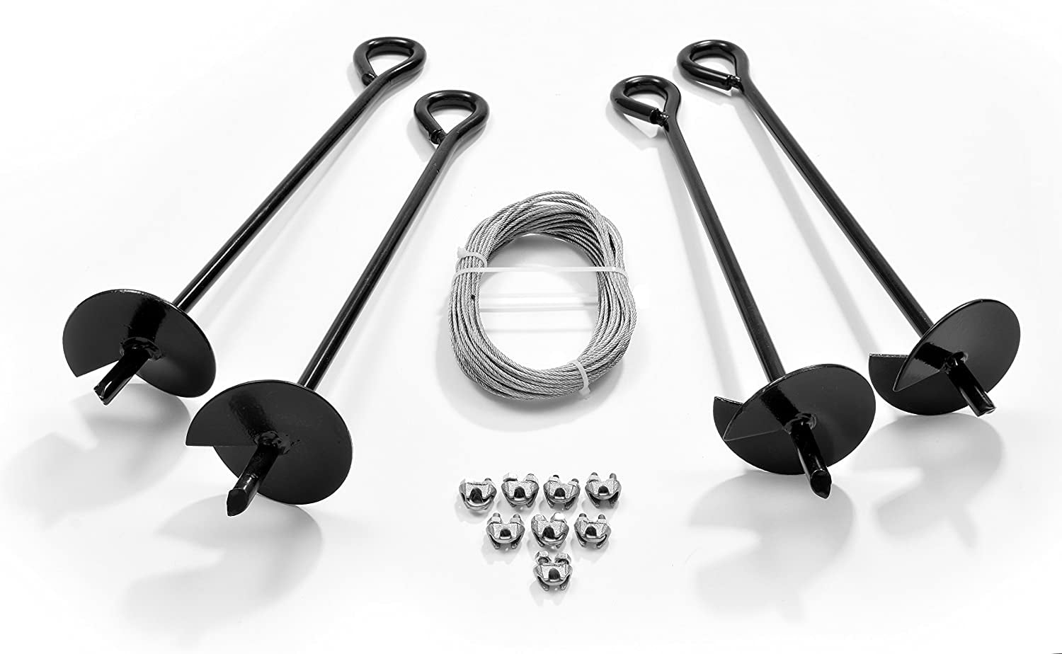 Ashman Ground Anchor with 50 Feet of Galvanized Wire with Clamps Black Color  4Pack