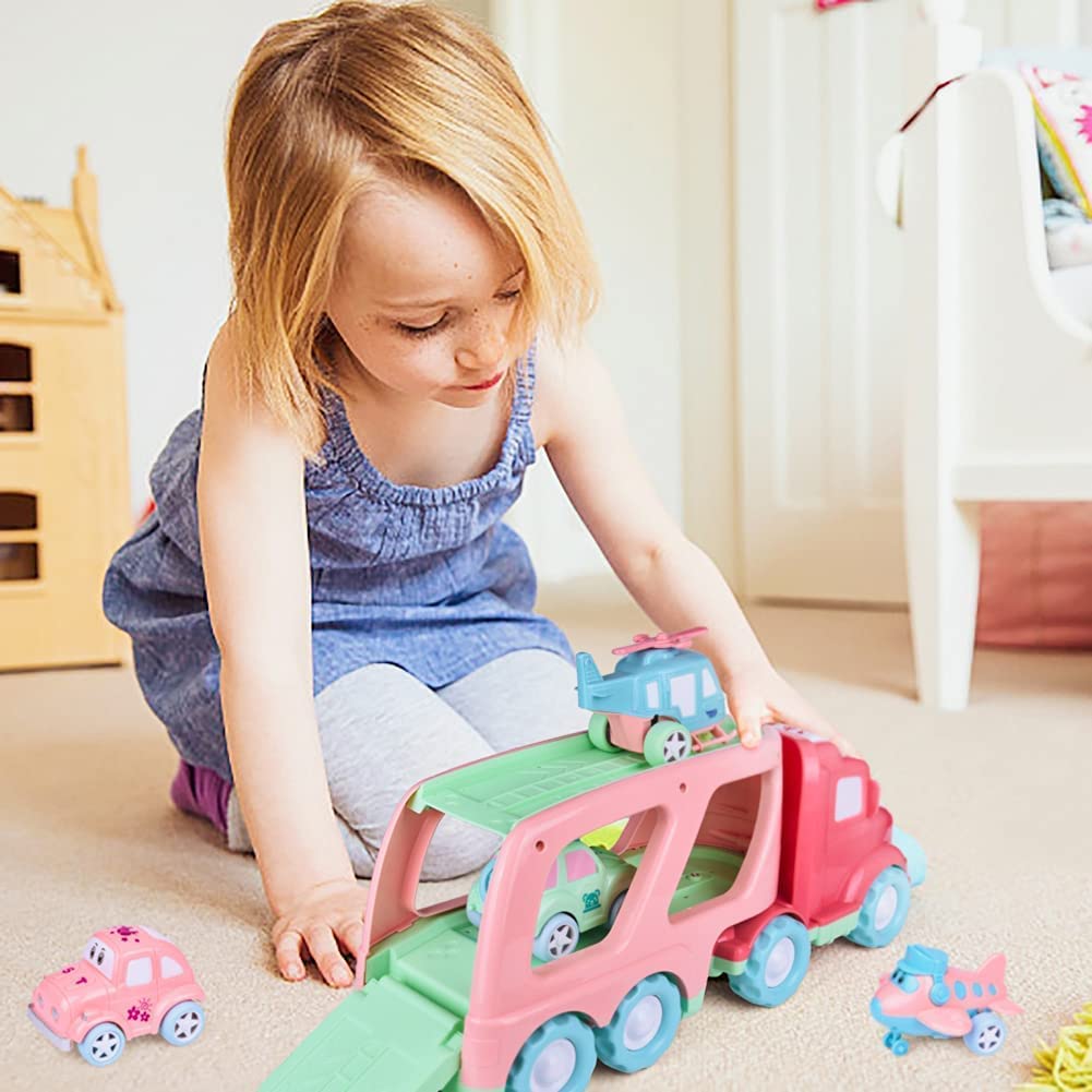 Fun Little Toys Cartoon Vehicles Car Carrier Truck Pink Toy for Girls with Lights and Sounds， Toys for 2 3 4 Year Old Girls， 5 in 1 Push and Go Trailer