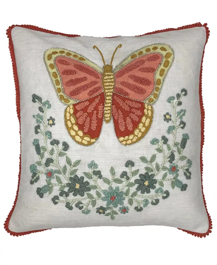 Mod Lifestyles Embroidered Butterfly Pillow with Fringe， 18