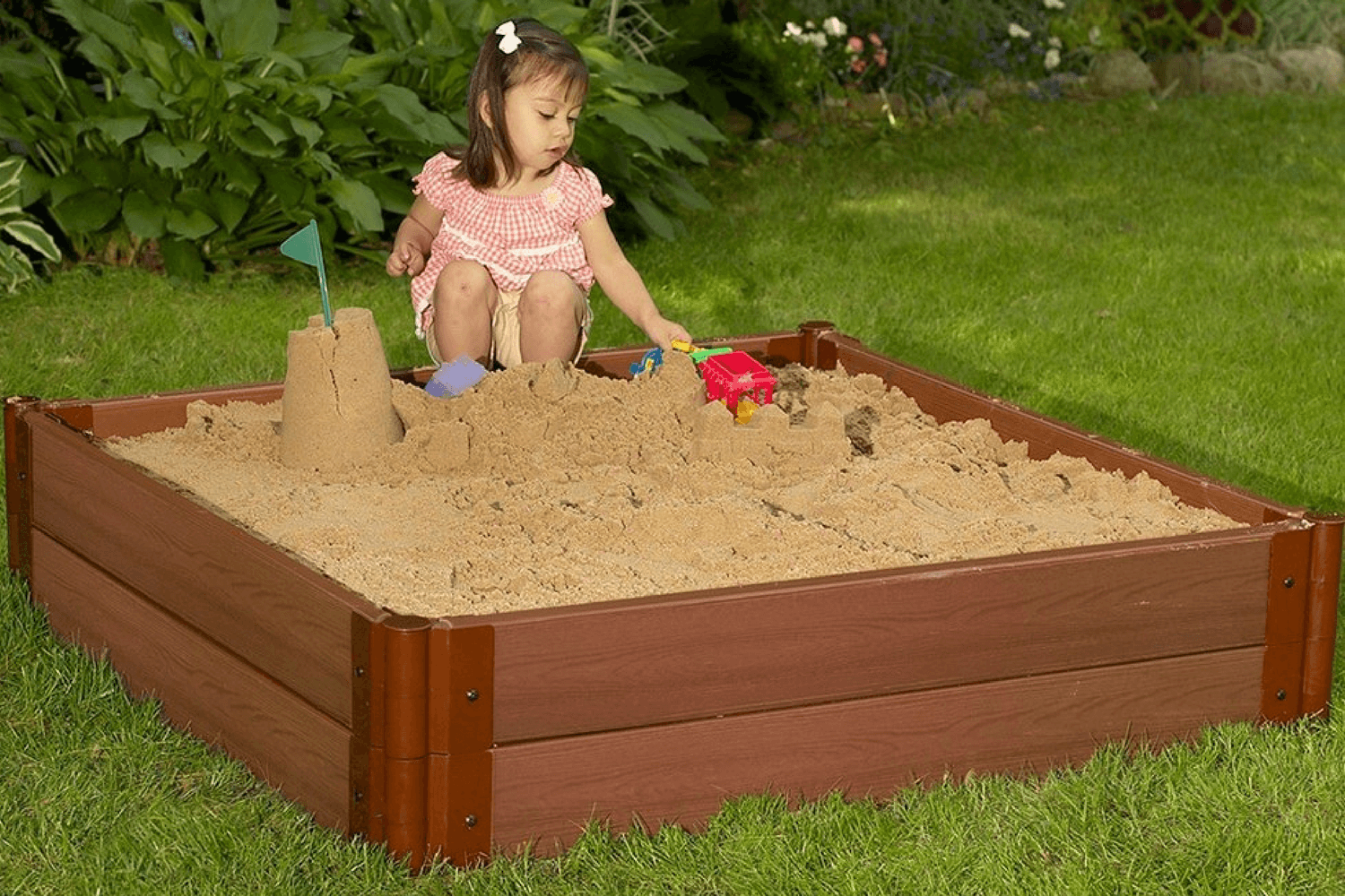 Frame It All Tool-Free Classic Sienna 4ft. x 4ft. x 11in. Composite Square Sandbox Kit with Collapsible cover - 1