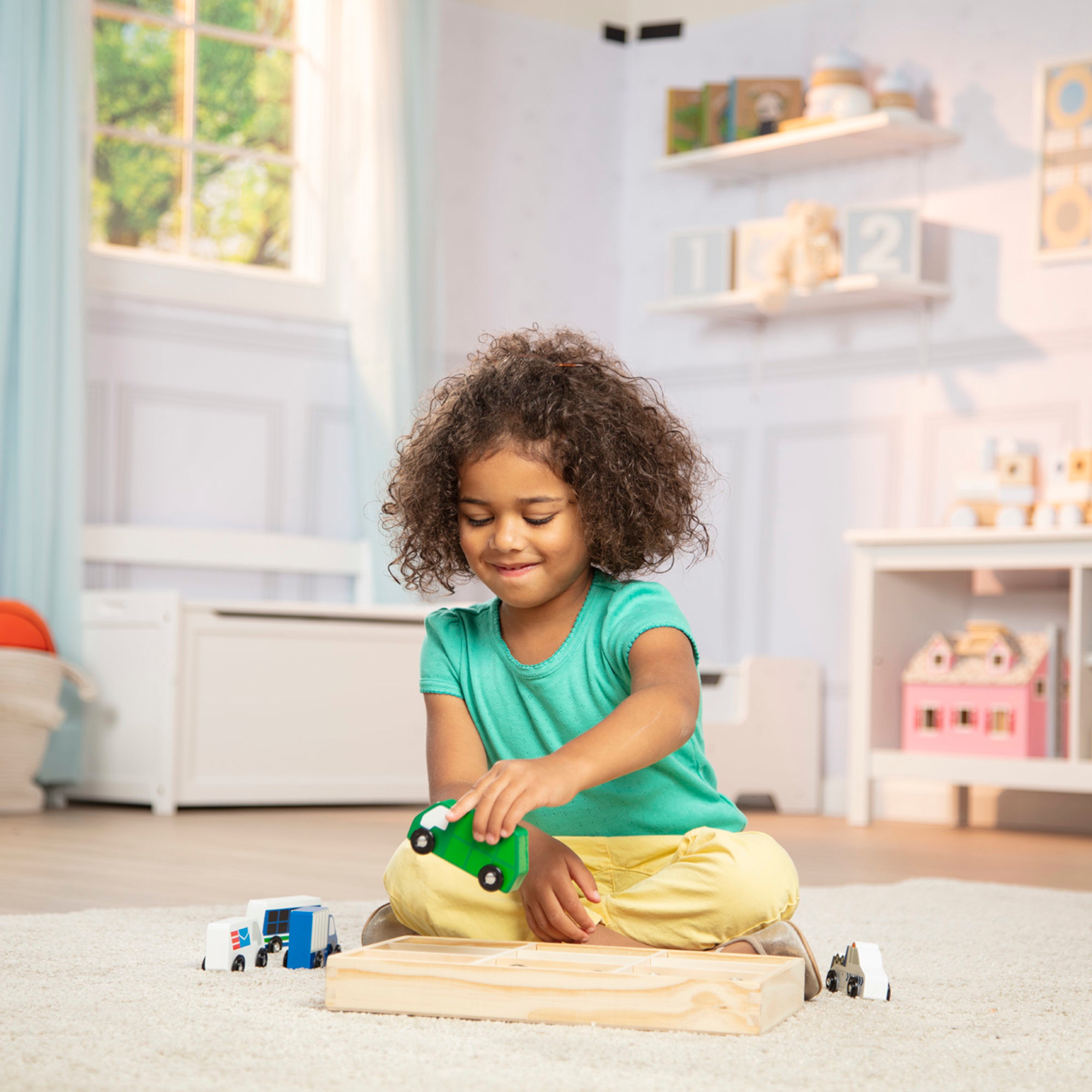 Melissa and Doug Wooden Town Vehicles Set in Wooden Tray (9 pcs)