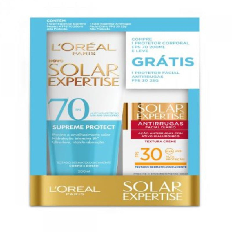 Kit Protetor Solar L'Oreal Expertise Com Facial Antirrugas FPS30 Com 25g + Corporal Supreme Protect 4 FPS70 Com 200ml