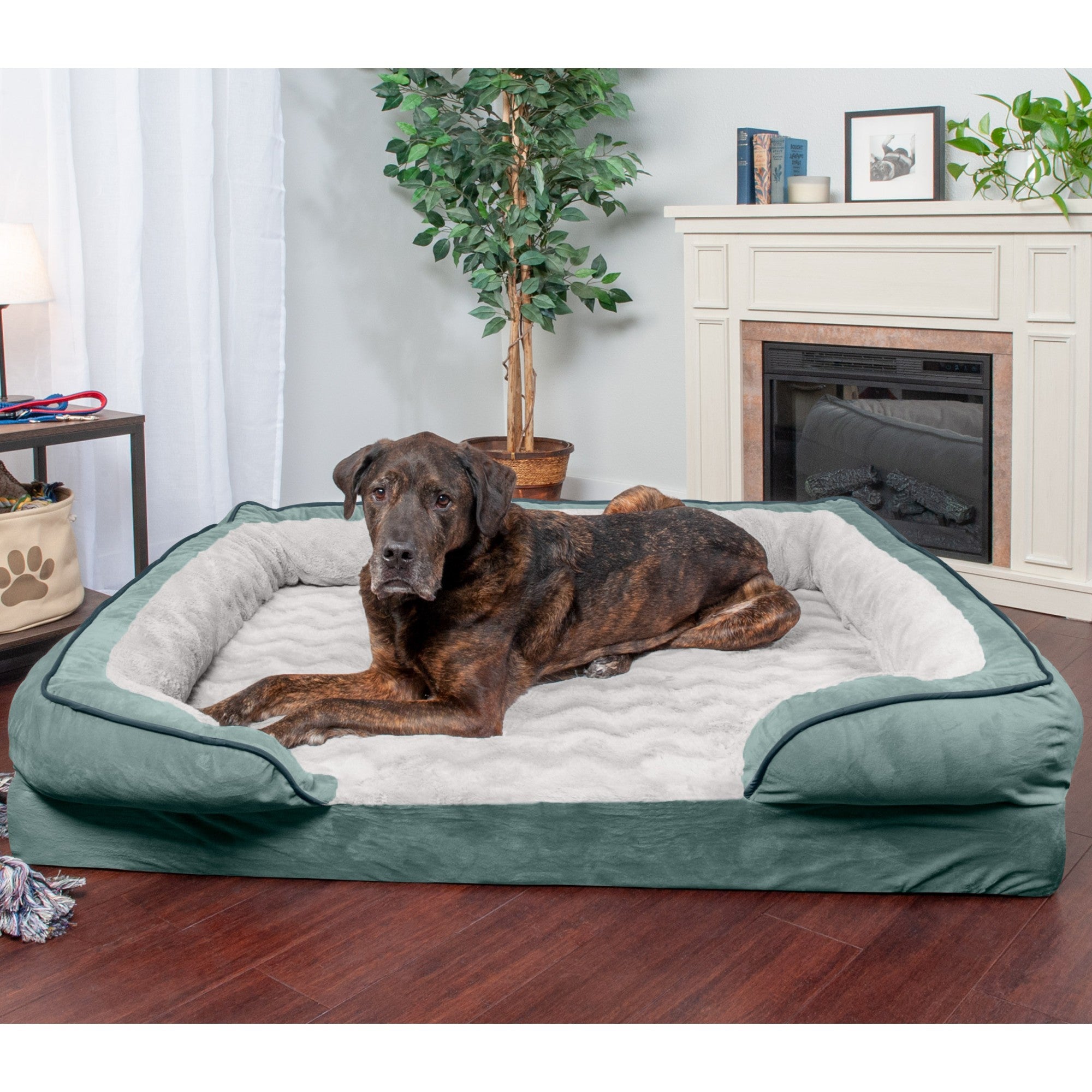 FurHaven Pet Products | Cooling Gel Memory Foam Orthopedic Perfect Comfort Velvet Waves Sofa-Style Couch Pet Bed for Dogs and Cats， Celadon Green， Jumbo Plus