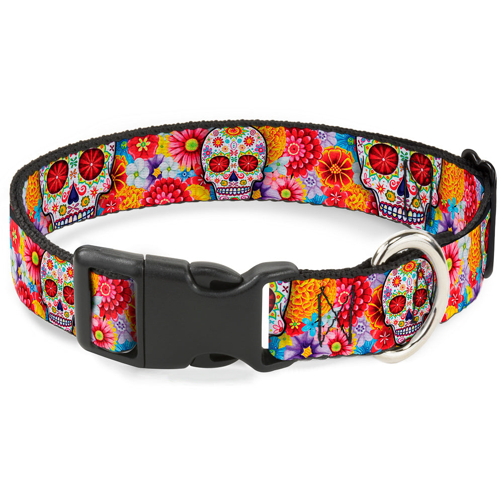 Thaneeya McArdle Pet Collar， Dog Collar Plastic Buckle， Sugar Skull Starburst White Multi Color， 13 to 17 Inches 1.5 Inch Wide
