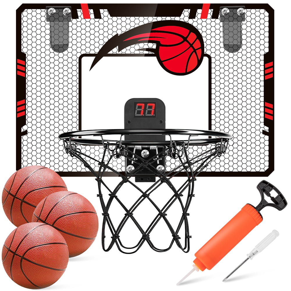 LAYADO Kids Mini Basketball Hoop Set Electronic Score Record and Sounds， Basketball Hoop over The Door with 3 Balls， Hand Pump basketball backboard Toy Gifts Indoor and Outdoor
