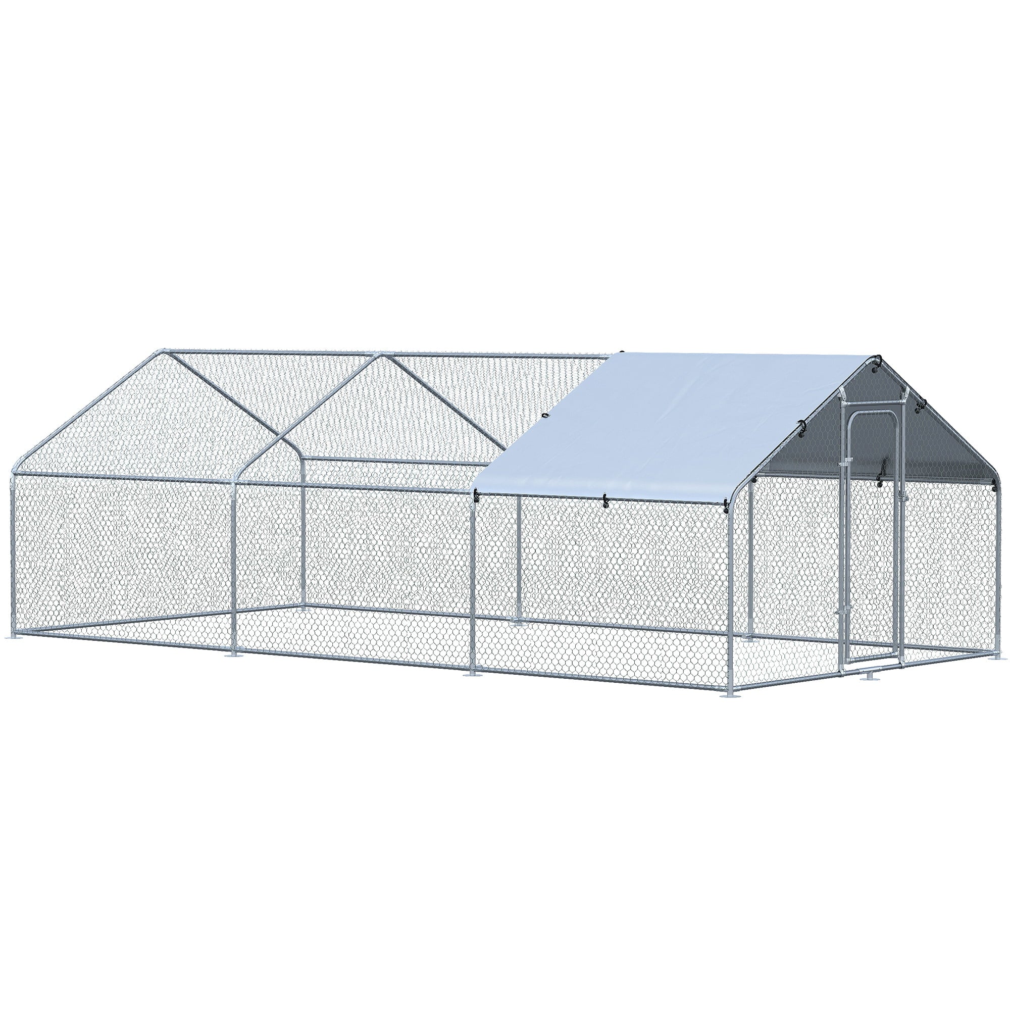 PawHut Galvanized Large Metal Chicken Coop Cage， 3 Room Walk-in Enclosure， Poultry Hen House with UV and Water Resistant Cover for Outdoor Backyard， 10' x 19.7' x 6.4'