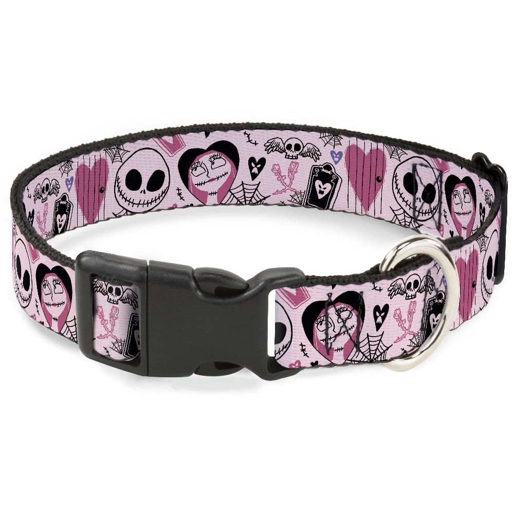 Disney Pet Collar， Dog Collar Plastic Buckle， The Nightmare Before Christmas Jack and Sally Doodles Pink， 7 to 8.5 Inches 0.5 Inch Wide