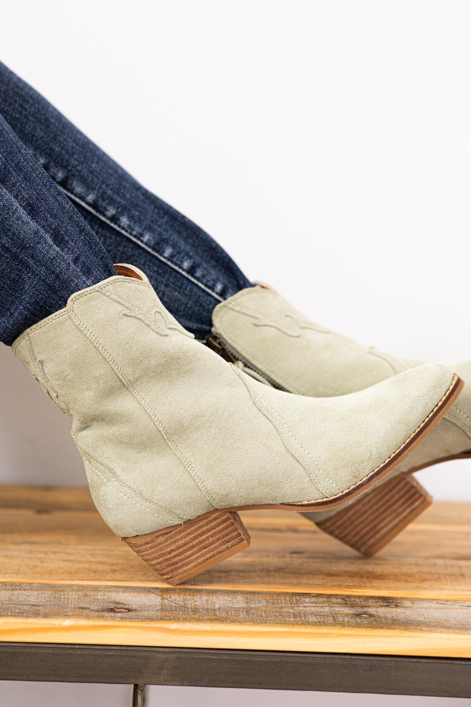 Sage Faux Suede Bootie With Western Detail
