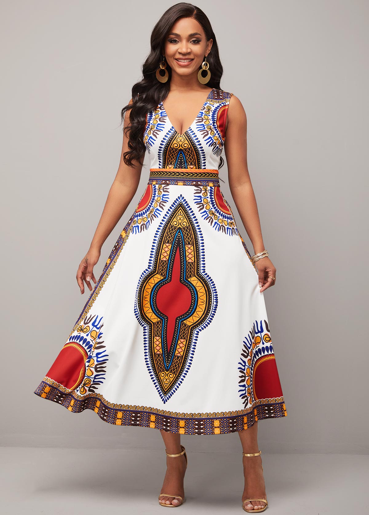 White Dashiki Print V Neck Sleeveless Dress