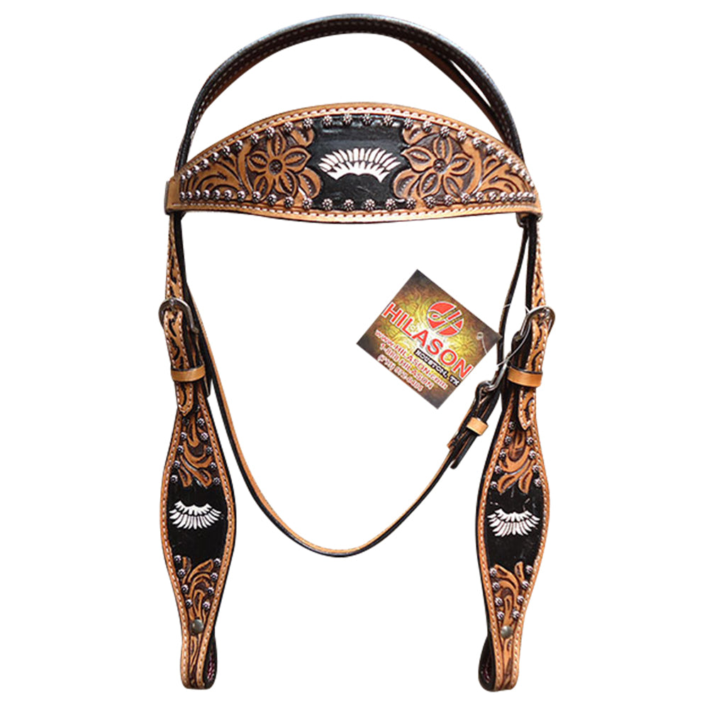 43BH Western Horse Headstall Tack Bridle American Leather Hand Carved Hilason
