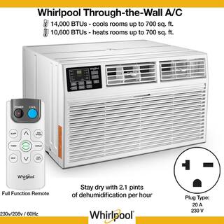 Whirlpool 14000 BTU 230V Through-the-Wall AC and Heater wRemote Control CoolsHeats Rooms up to 700 Sq. ft Digital Display Timer WHAT141-HAW