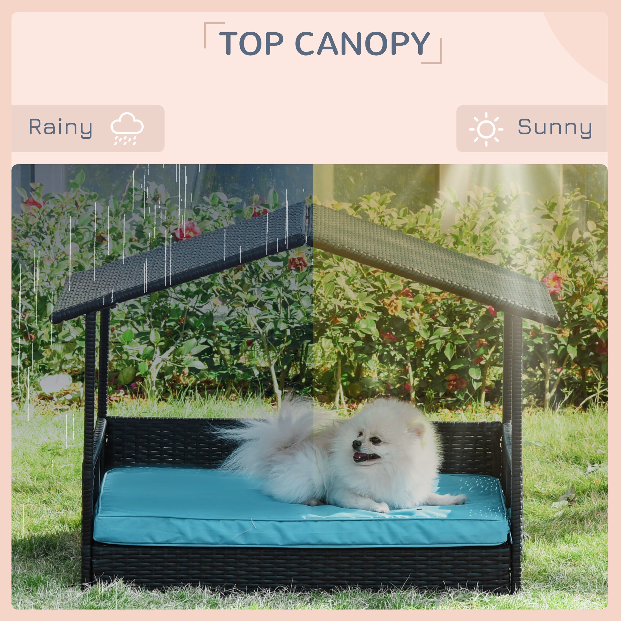 PawHut Wicker Dog Bed Patio Rattan Pet Furniture with Cushion， Blue