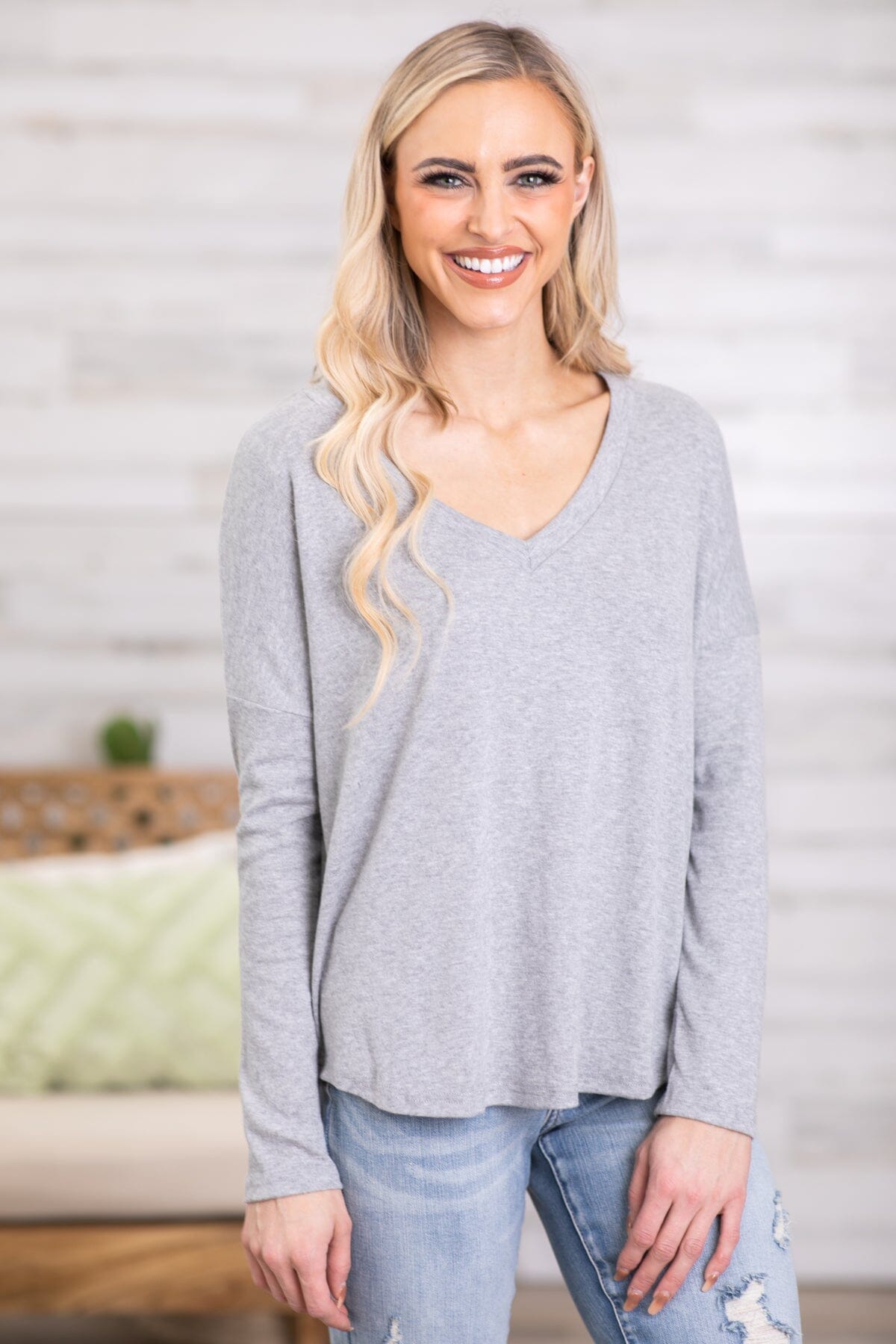 Grey V-Neck Long Sleeve Top