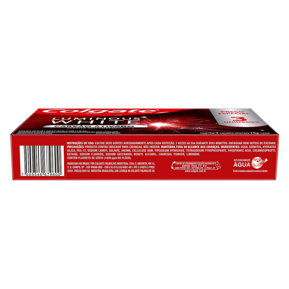 Creme Para Clareamento Dental Colgate Luminous White Carvao Ativado 3 unid 70g Promo Preco Especial